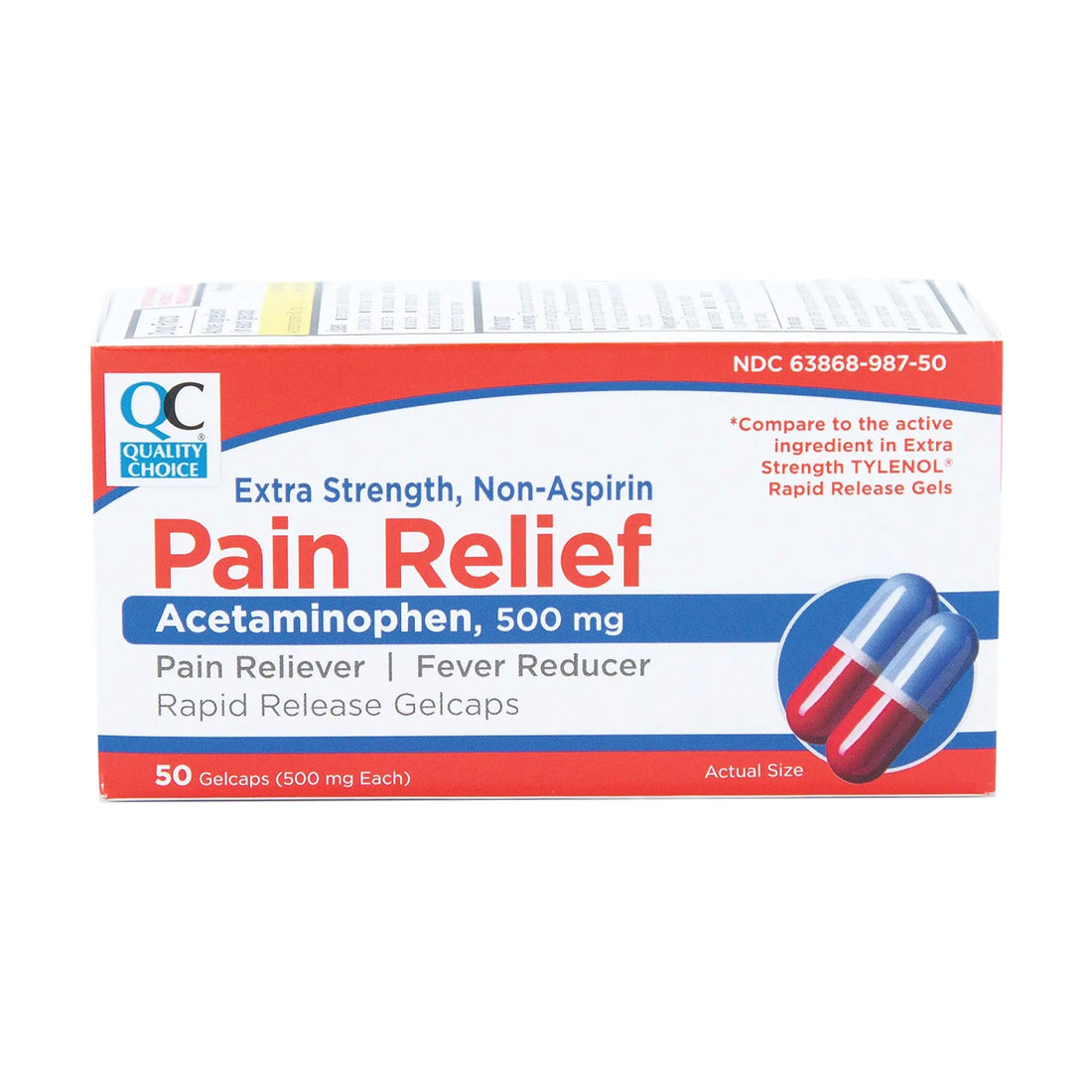 Quality Choice, Extra Strength, Non Aspirin Pain Relief, Acetaminophen 500 MG, Pain Reliever & Fever Reducer, Rapid Release Gelcaps, 50 Count Package Quality Choice Au supplements
