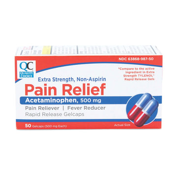 Quality Choice, Extra Strength, Non Aspirin Pain Relief, Acetaminophen 500 MG, Pain Reliever & Fever Reducer, Rapid Release Gelcaps, 50 Count Package Quality Choice Au supplements