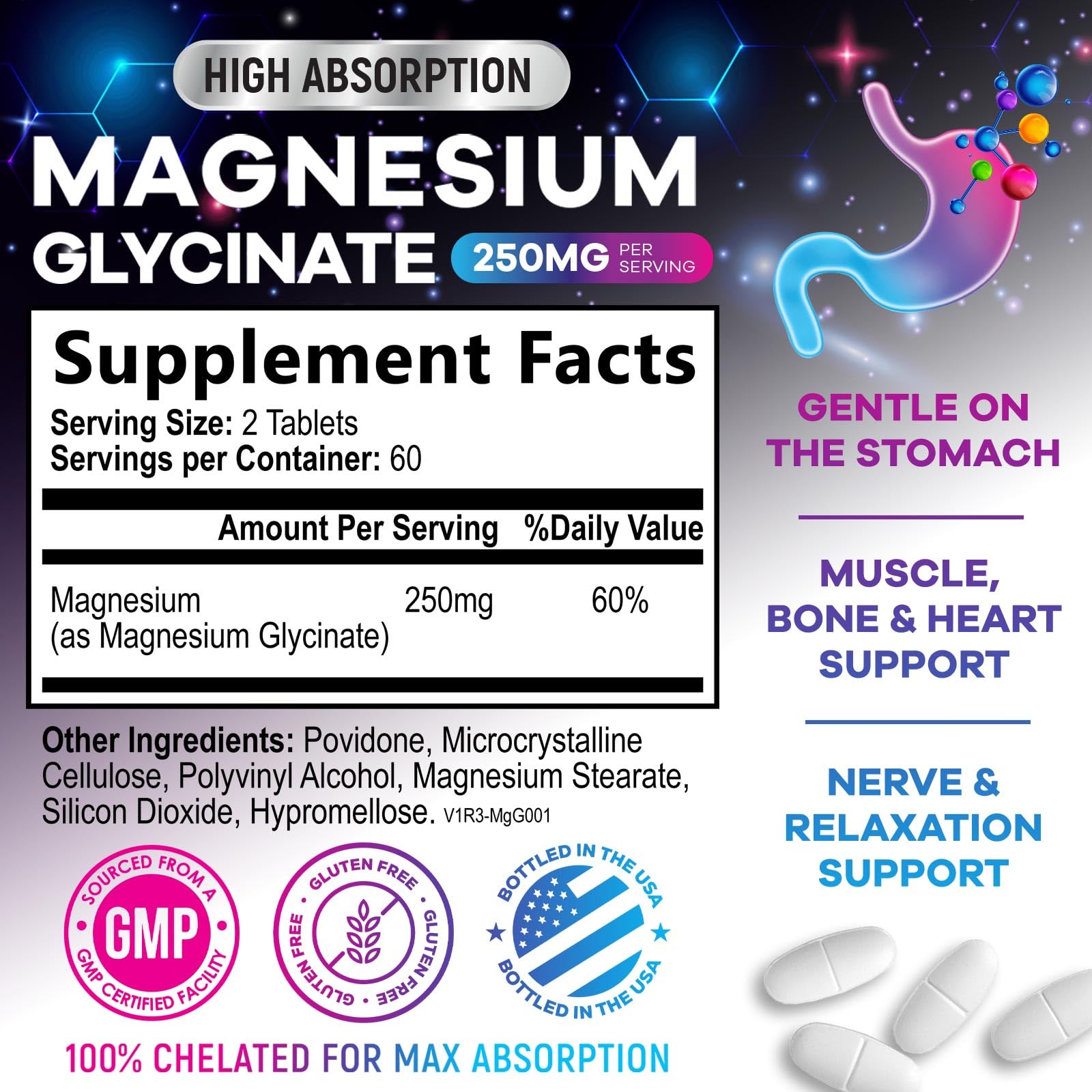 Magnesium Glycinate Supplement 250mg - 100% Chelated & Purified - to Support Sleep, Heart Health, Muscles, & Bone Strength - Best Absorption Magnesium Glycinate Capsules, Bottled in USA - 120 Tablets Nature's Peak Au supplements