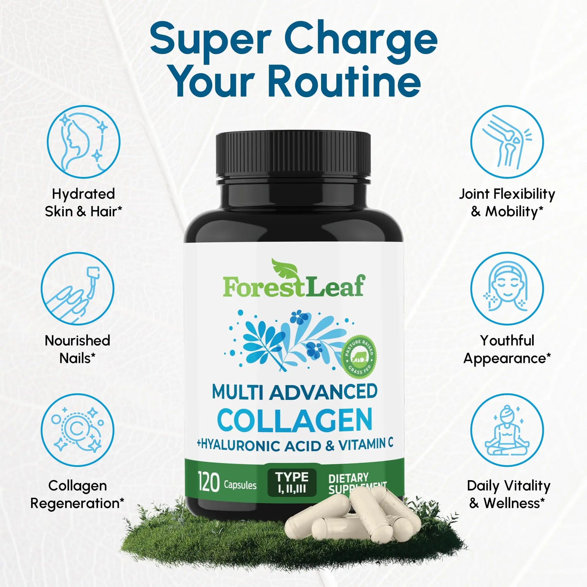 ForestLeaf Multi Collagen Pills with Hyaluronic Acid + Vitamin C | Hydrolyzed Collagen Supplements for Women or Men | Multi Collagen Capsules Peptides for Skin ForestLeaf Au supplements