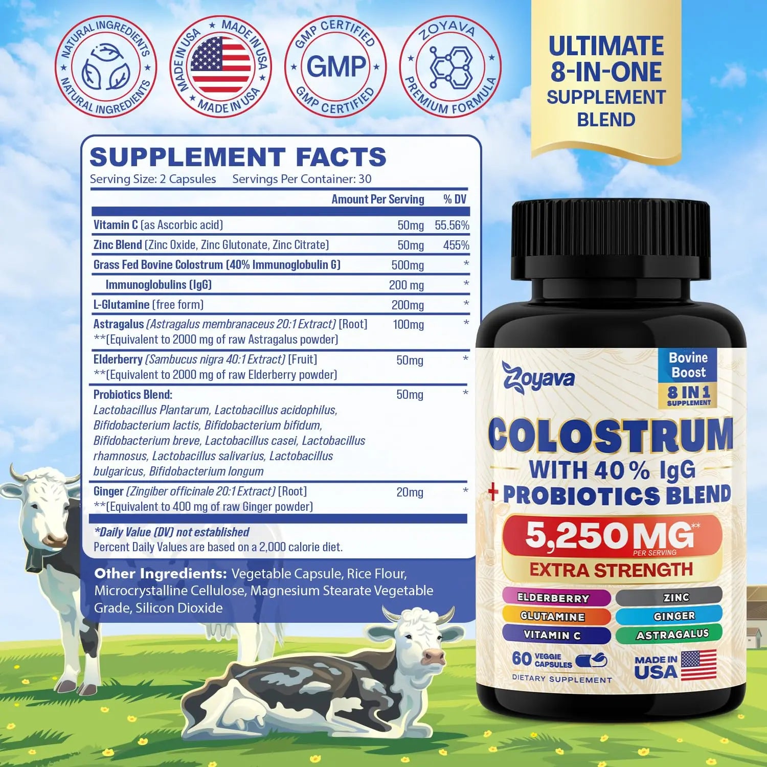 Bovine Colostrum Supplement Capsules 5250 MG, Grass Fed Cow Colostrum Zoyava Au supplements
