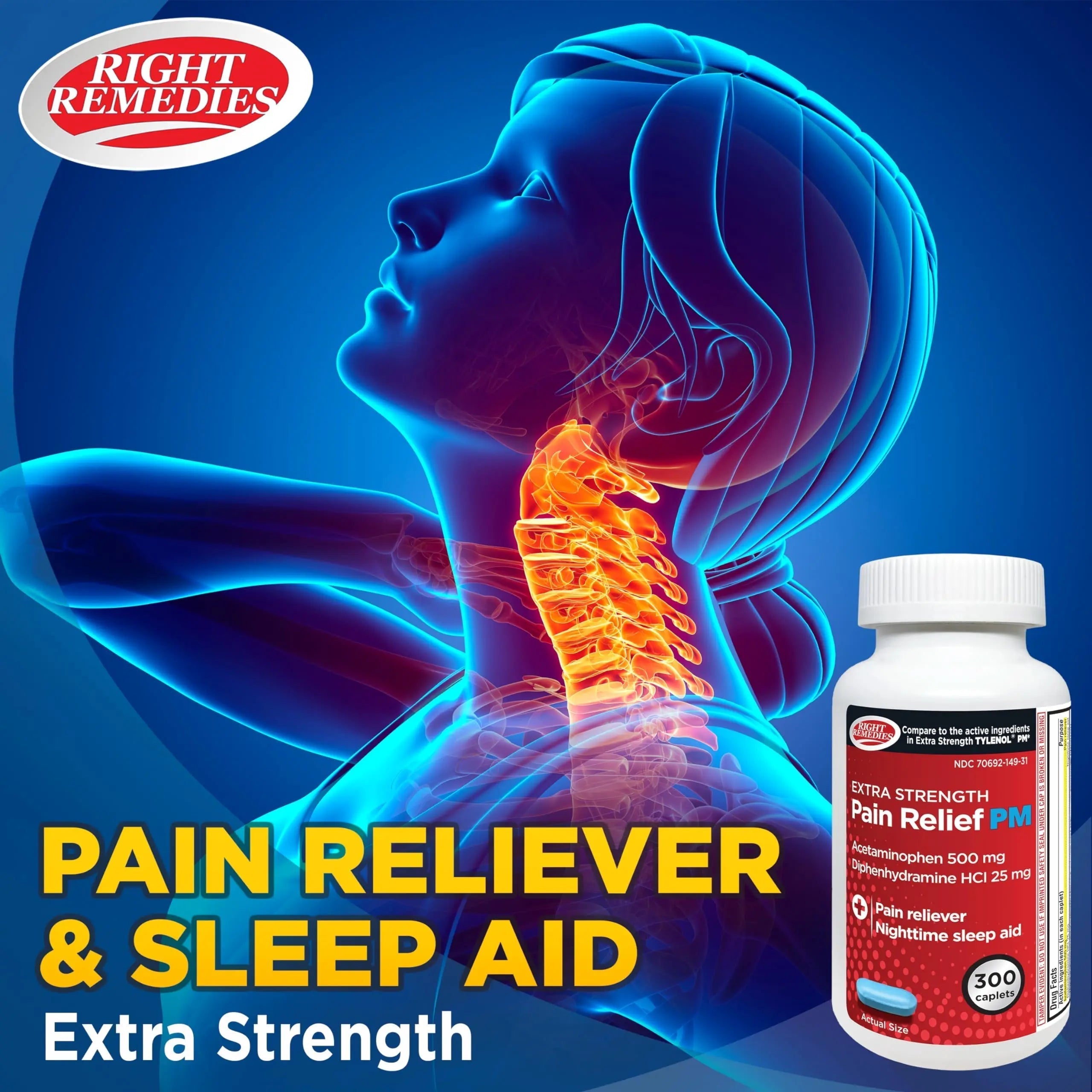 Right Remedies Extra Strength Pain Relief PM & Nighttime Sleep Aid Caplets,(300 count), Acetaminophen 500 mg & Diphenhydramine HCl 25 mg, Non-Habit Forming, Compare to Active ingredients of Tylenol PM RIGHT REMEDIES Au supplements