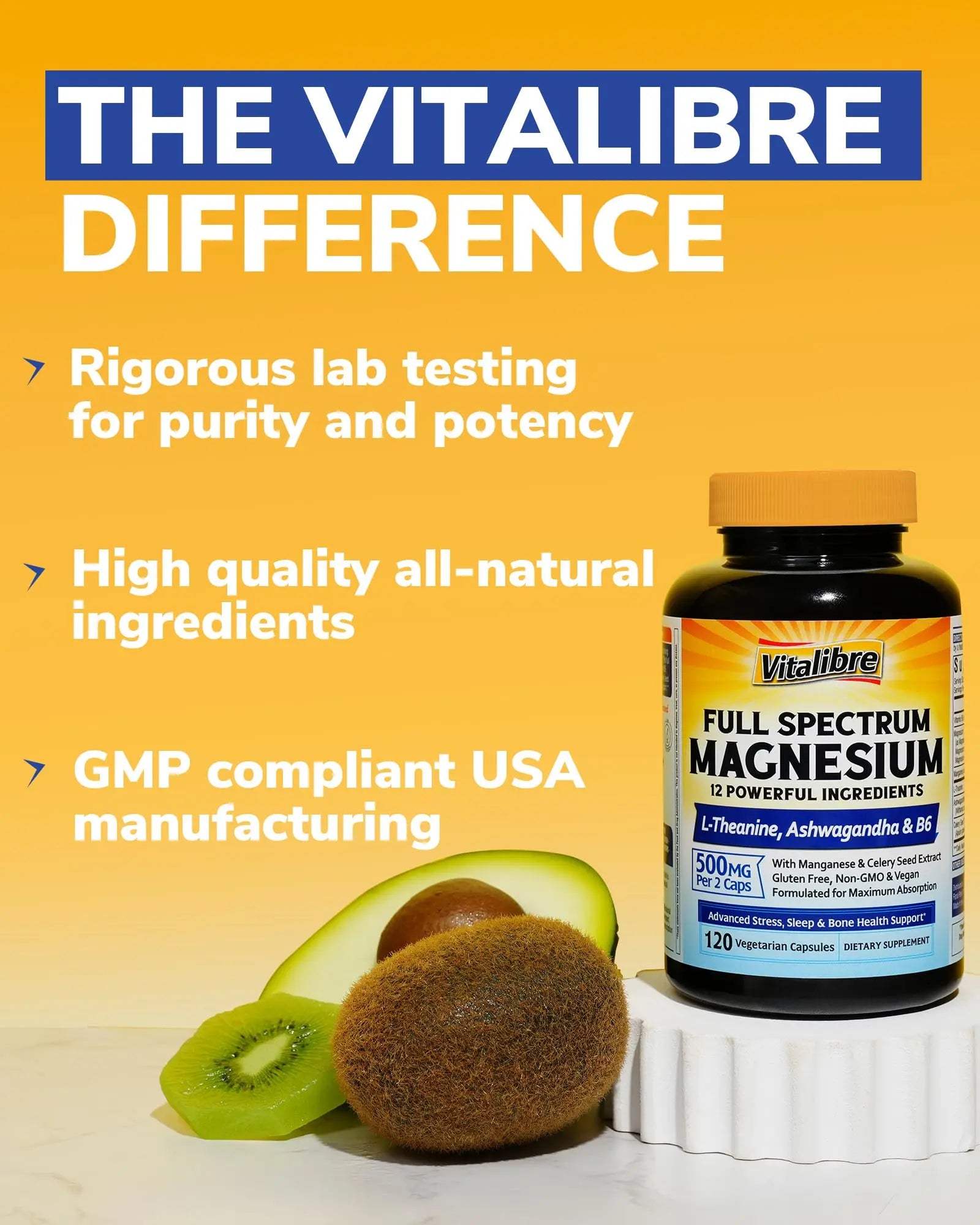 Vitalibre Magnesium Complex Supplement 500mg + Ashwagandha, L-Theanine, Vitamin B6 & Celery, High Absorption Magnesium Glycinate, Citrate, Malate, Sleep & Bone Support, 120 Vegan Capsules Vitalibre Au supplements