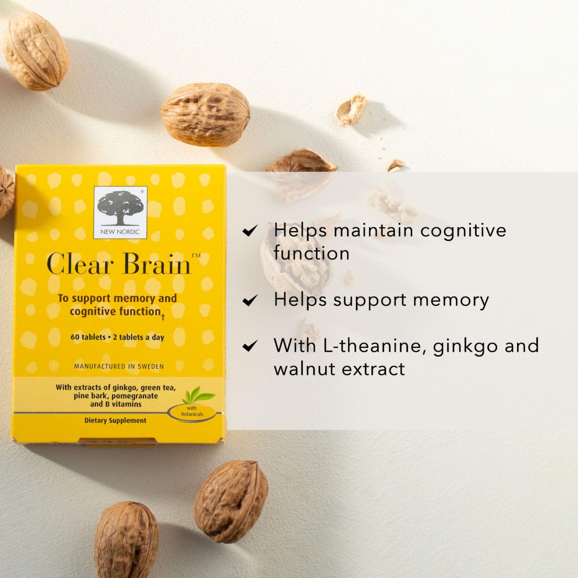 New Nordic Clear Brain Tablets, Supports Normal Cognitive Health and Memory, with Green Tea and Walnut, Swedish Made, 60 Count (Pack of 1) NEW NORDIC Au supplements