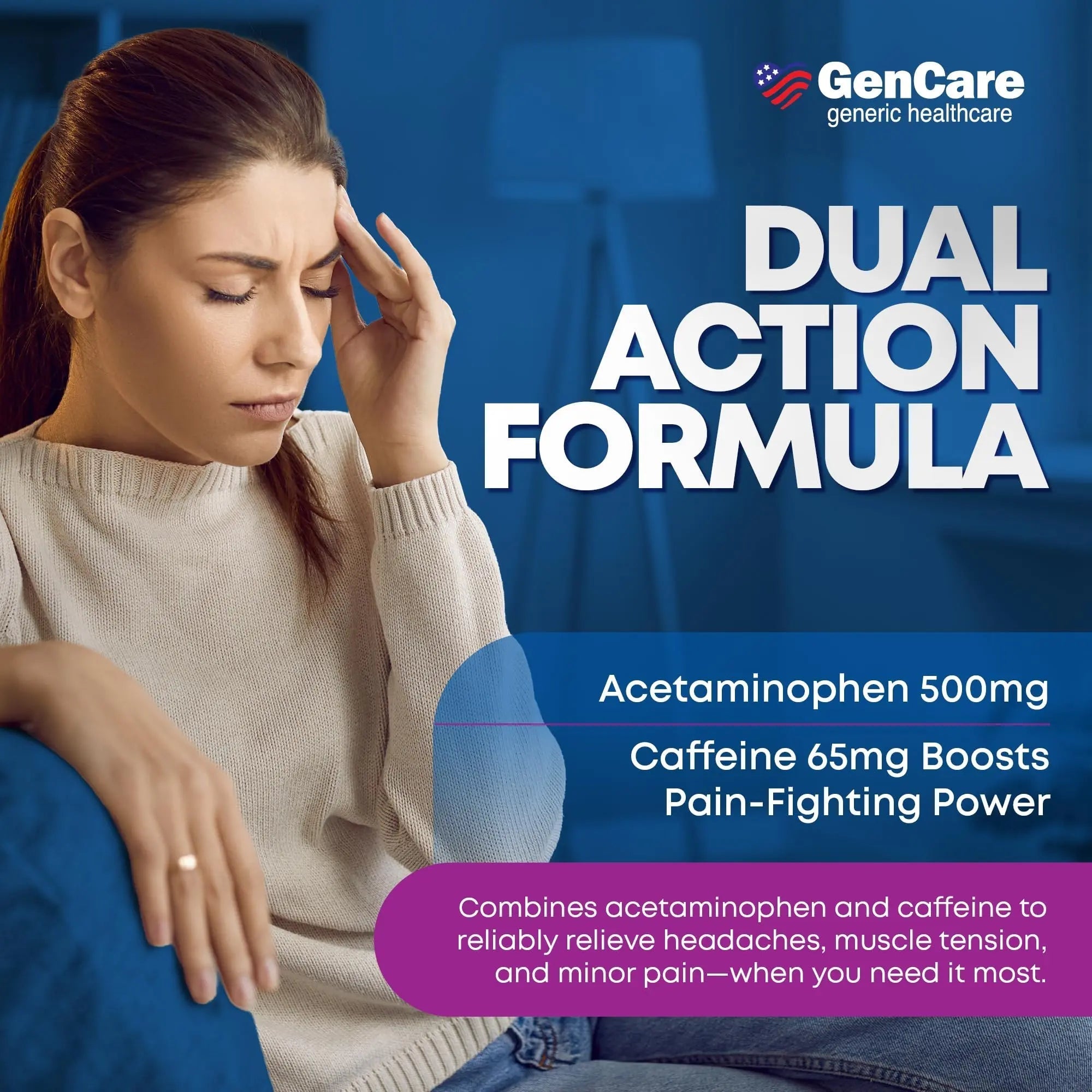 GenCare - Tension Headache Relief Pain Reliever with Acetaminophen 500 mg & Caffeine 65 mg (200 Caplets) Best Value Bulk Extra Strength for Head, Migraine, Joint Pain & Body Ache Relief Medicine GenCare Au supplements