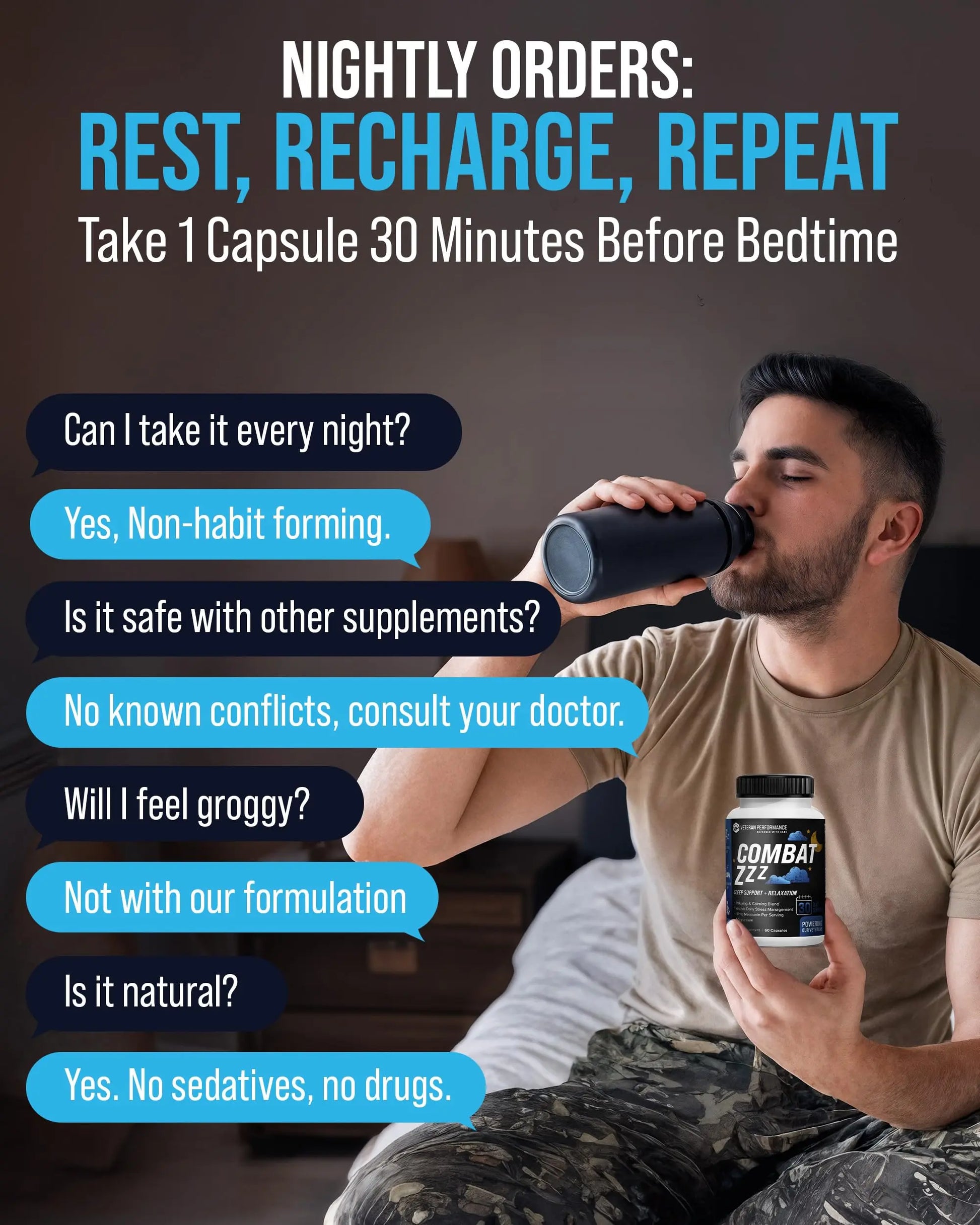 Combat ZZZ 4-in-1 Sleep Aid with Melatonin, Magnesium & L-Theanine – Non-Groggy Formula for Deep Sleep & Restful Recovery – Veteran-Founded, Made in USA (60 Capsules) | Sleep Aid for Adults Veteran Performance Au supplements