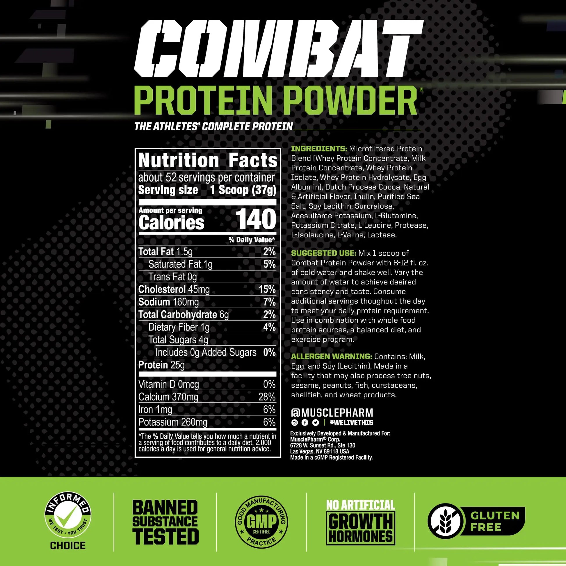 MusclePharm Combat Protein Powder, Chocolate Milk - 4 lb - Gluten Free - 52 Servings Muscle Pharm Au supplements