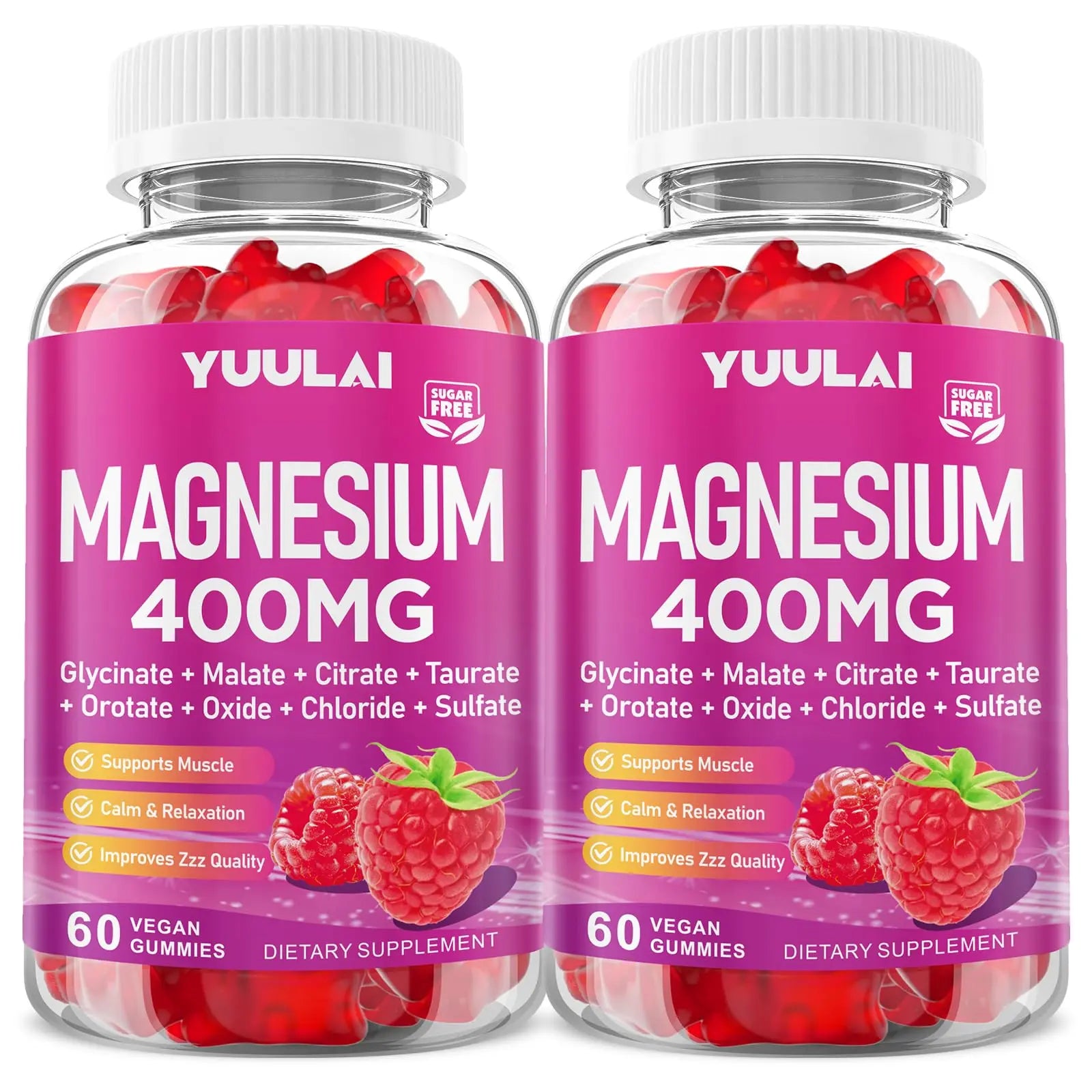 Pack of 2 Magnesium Complex Gummies 400mg, Magnesium Glycinate, Malate, Citrate, Taurate, Oxide & More | w/Ashwagandha Extract, D3 & B12 for Calm, Zzz, Relaxation, Raspberry Flavor, 120 Count YUULAI Au supplements