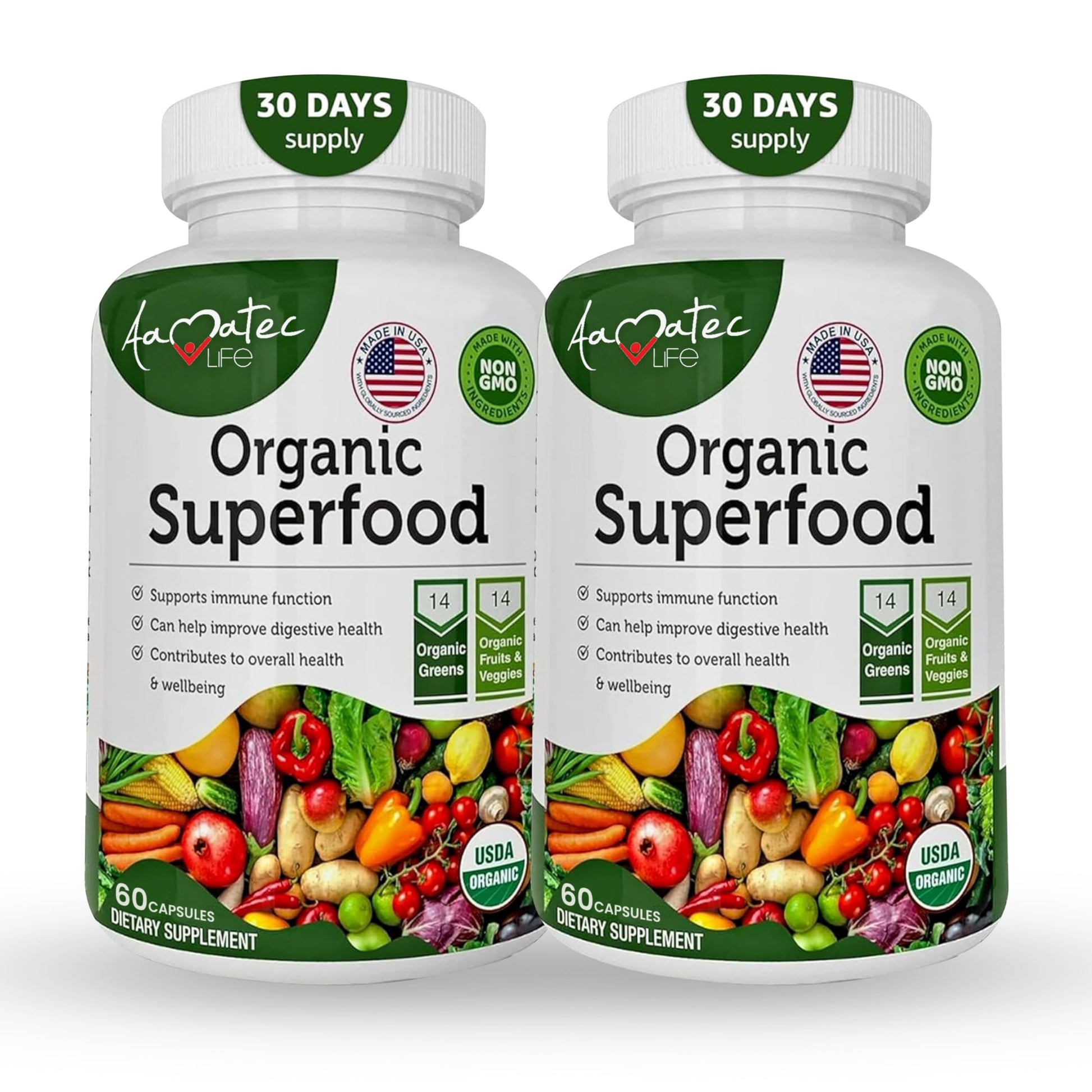 AAMATEC LIFE Organic Superfood Greens Fruits and Veggies Complex - Dietary Supplement with 14 Greens &14 Vegetables with Alfalfa Rich in Antioxidants Organic Ingredients Non-GMO (120 Count Pack of 2) AAMATEC LIFE Au supplements