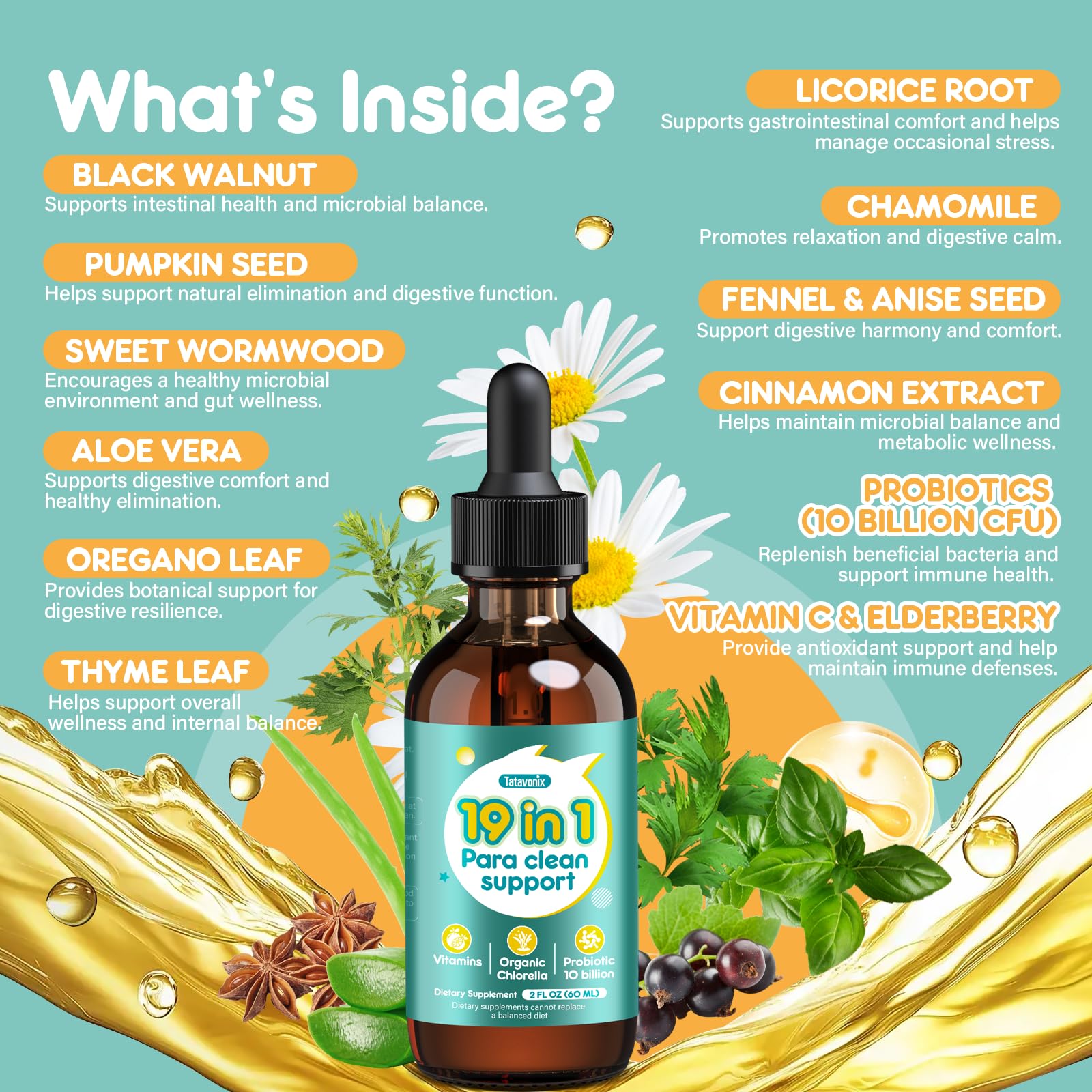 Tatavonix 19 in 1 Herbal Gut Cleanse Drops – Wormwood, Black Walnut, Chlorella 250mg, 10B Probiotics, Clove & Oregano – Liquid Detox Support for Adults & Kids, Alcohol-Free, 4oz Tatavonix Au supplements