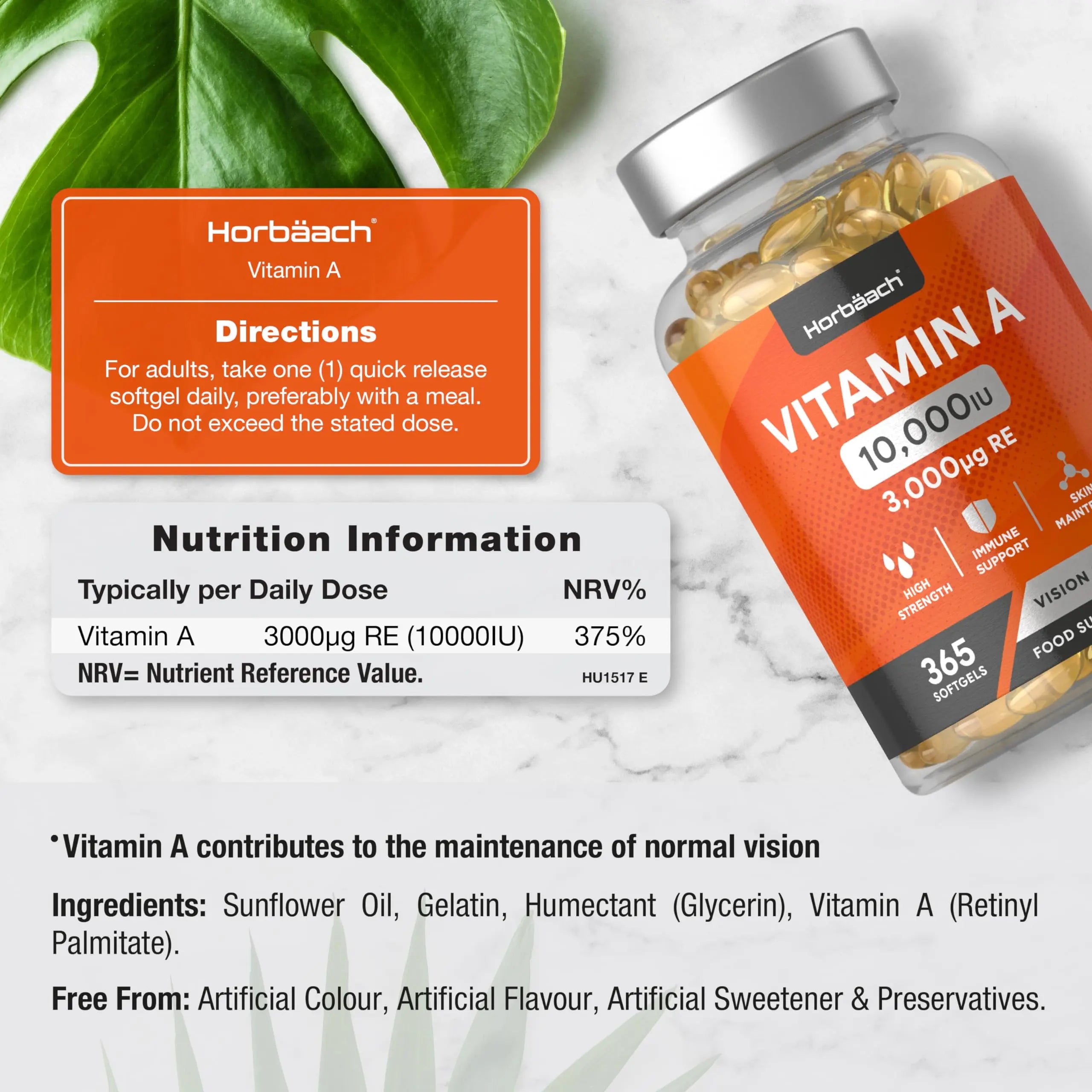 Vitamin A Capsules 10,000iu | 365 Count (1 Year Supply) | High Strength Vitamin A Supplem Horbäach Au supplements