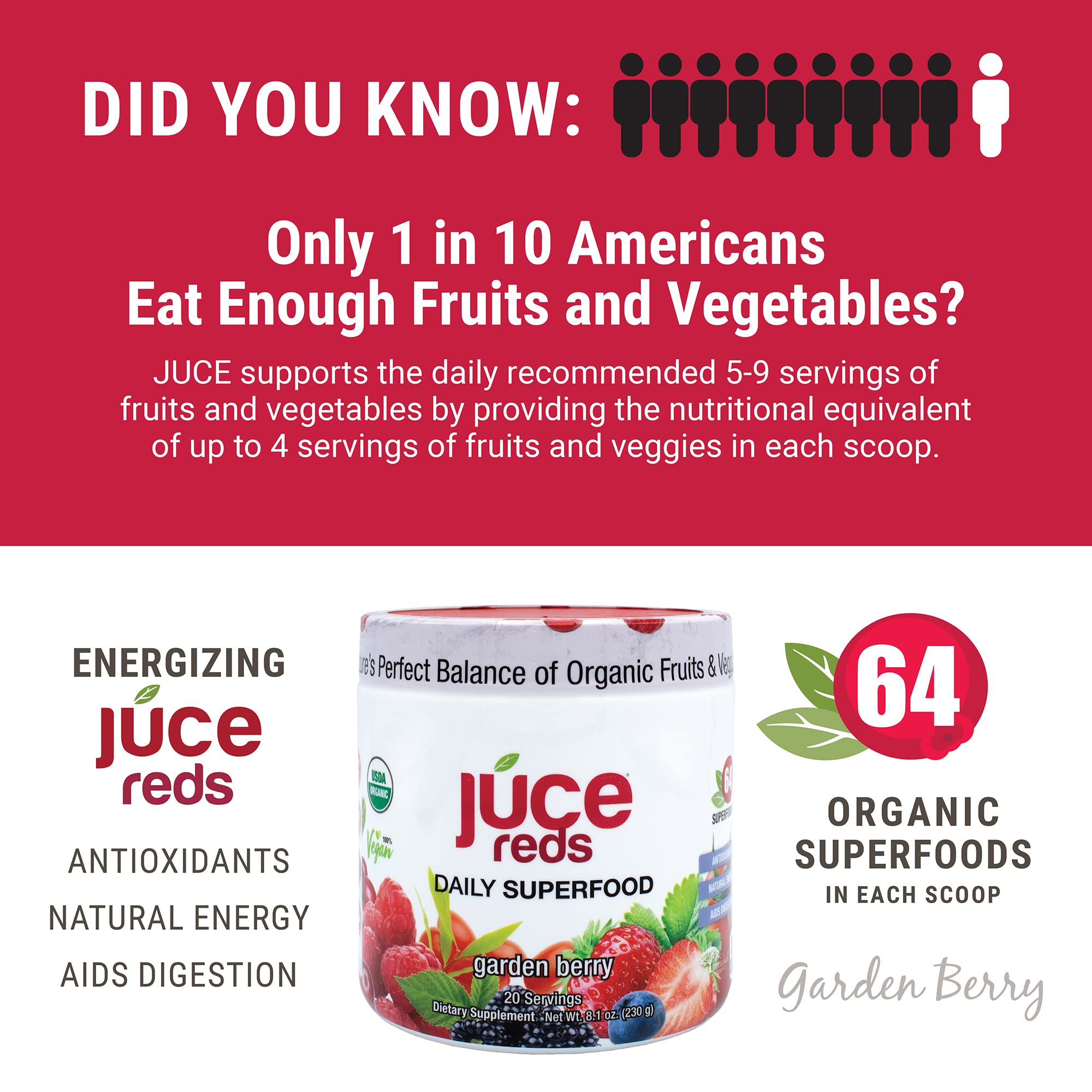 Terra Kai Organics JUCE Reds Organic Superfood Powder - Garden Berry Flavor | Fruit & Veggie Powder for Everyone w/64 Immune Boosting Superfood Plus Probiotics for Gut Health | 20 Servings (230g) Terra Kai Organics Au supplements