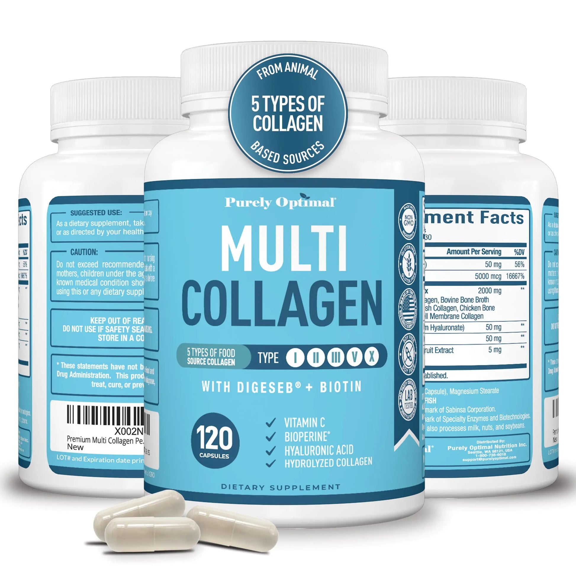 Premium Multi Collagen Peptides (Types I, II, II, V, X) - Collagen Pills for Skin Care, Hair Growth, Nails & Joints - Vitamin C, Hyaluronic Acid Purely Optimal Au supplements