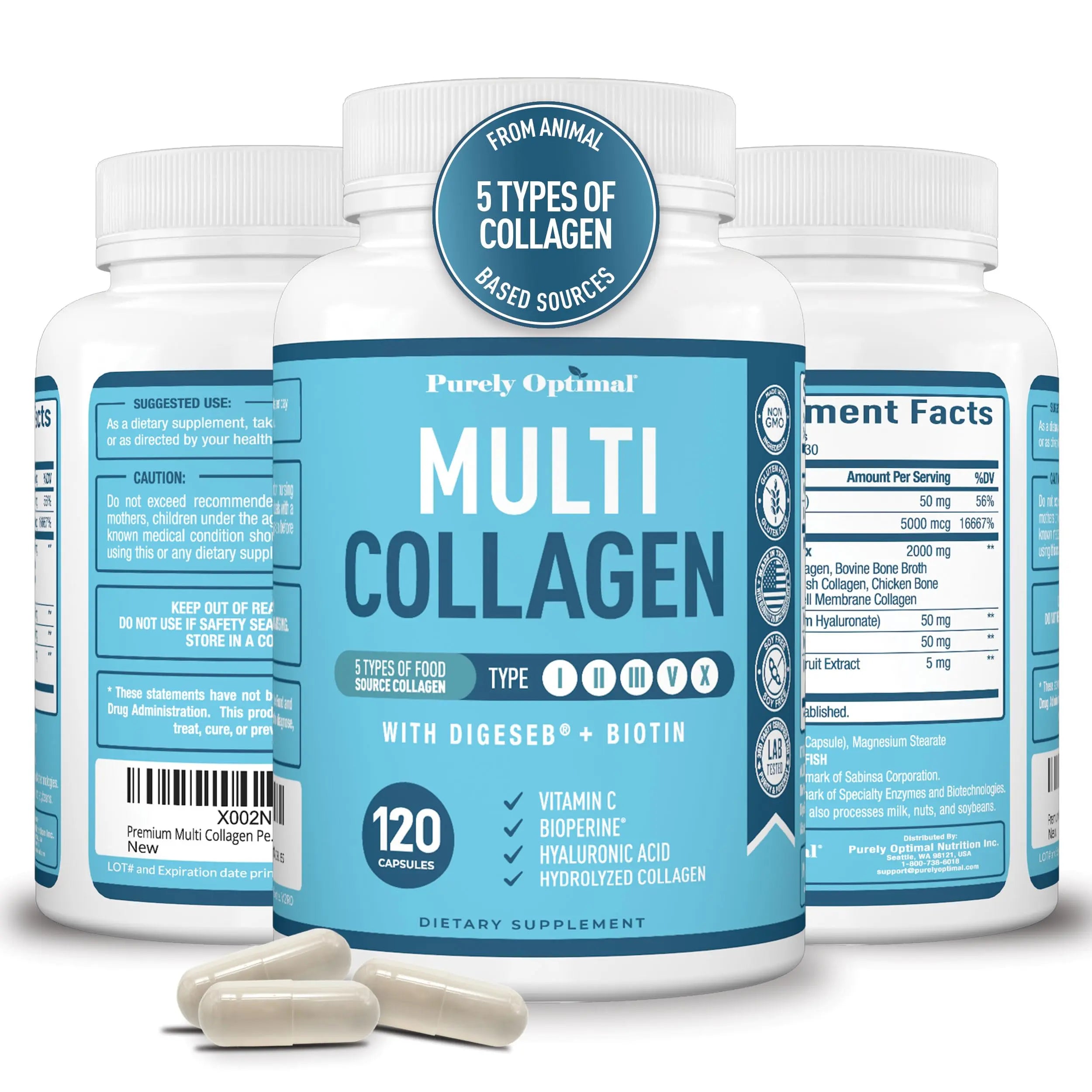Premium Multi Collagen Peptides (Types I, II, II, V, X) - Collagen Pills for Skin Care, Hair Growth, Nails & Joints - Vitamin C, Hyaluronic Acid Purely Optimal Au supplements