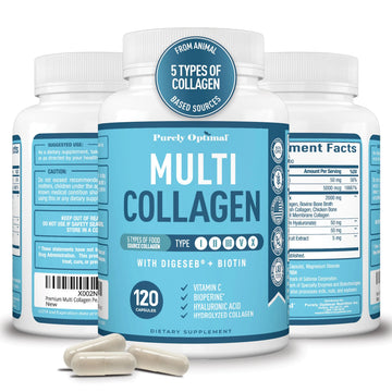 Premium Multi Collagen Peptides (Types I, II, II, V, X) - Collagen Pills for Skin Care, Hair Growth, Nails & Joints - Vitamin C, Hyaluronic Acid Purely Optimal Au supplements
