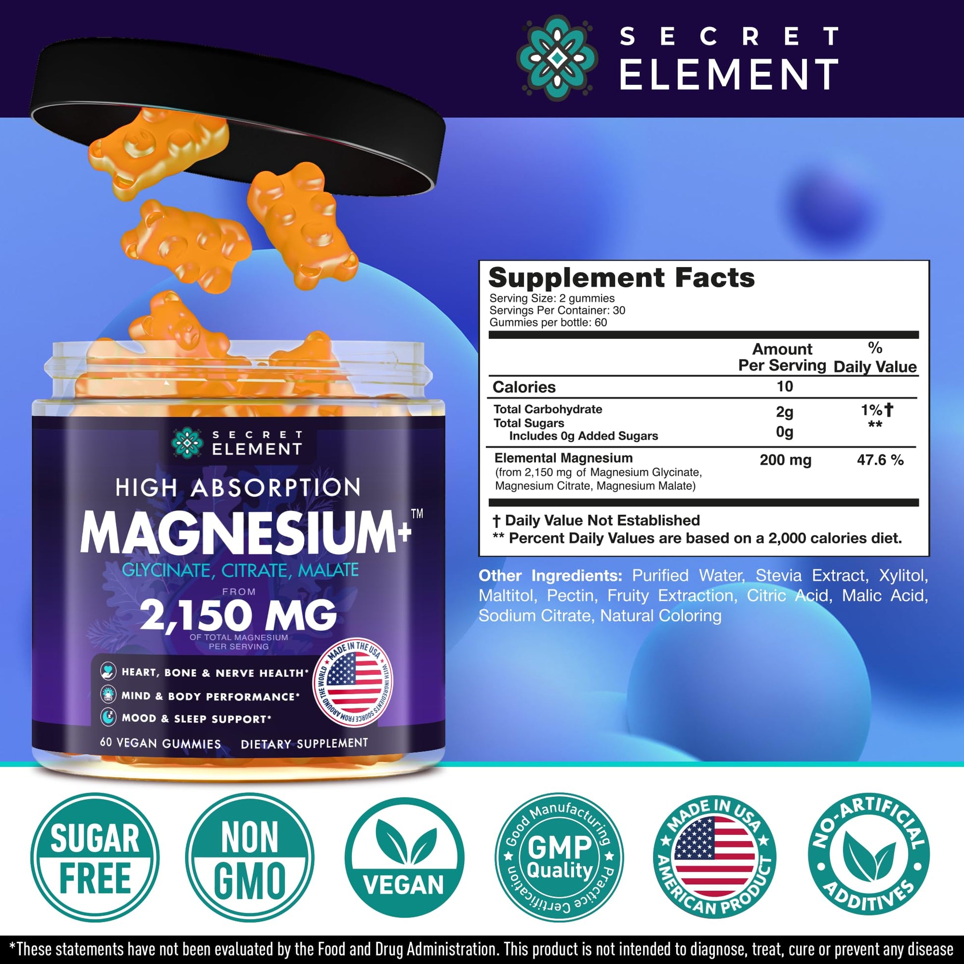 Magnesium Glycinate 2150MG Gummies for Women and Men, High Absorption Magnesium Glycinate, Citrate, Malate Gummies for Adults & Kids, Sleep Support, Sugar Free, Vegan, 60 Chews, Orange Secret Element Au supplements