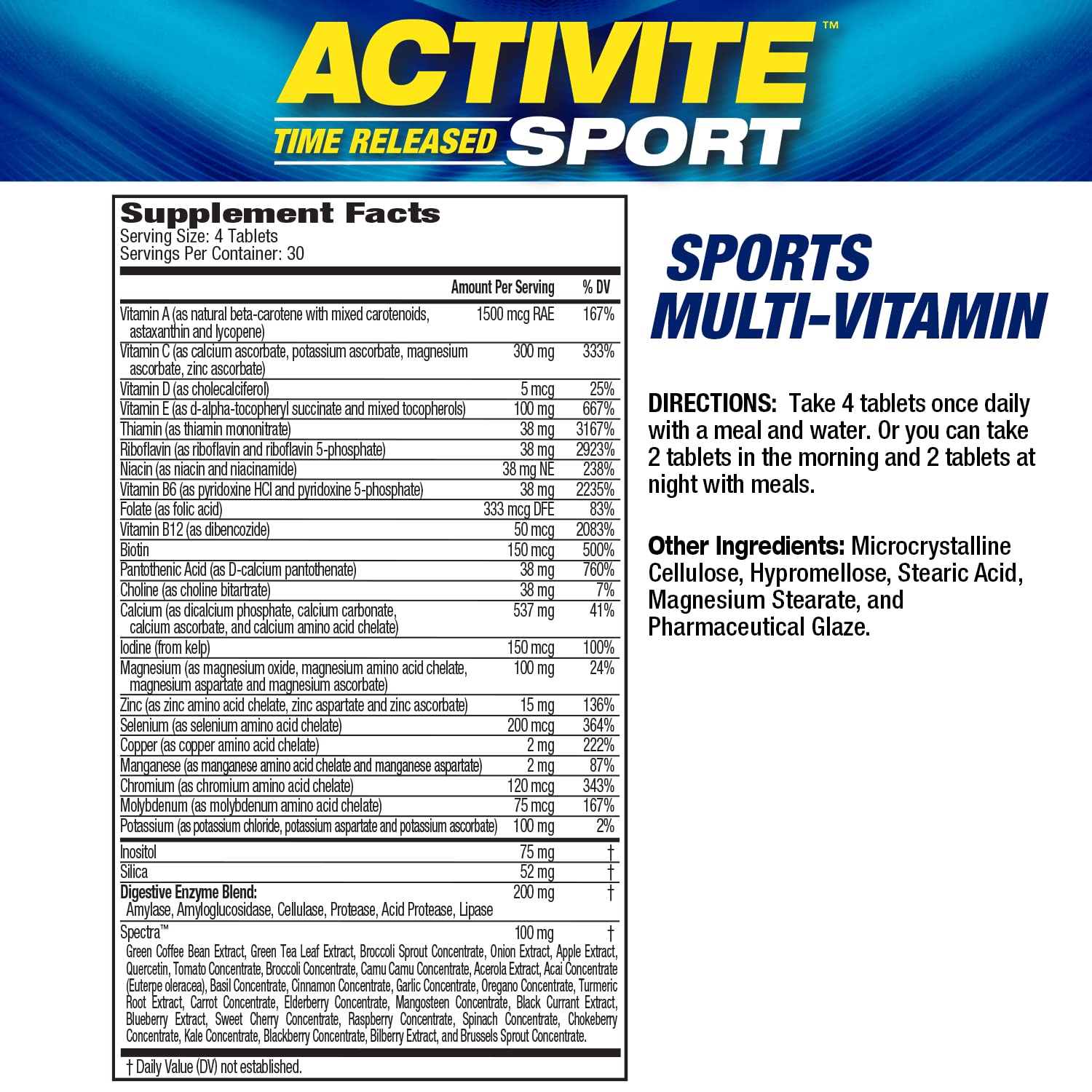MHP Activite Sport Multi Vitamin, 25 Vitamins and Minerals, Nitric Oxide Booster, Digestive Enzymes, Antioxidants, 120 Tablets Maximum Human Performance Au supplements