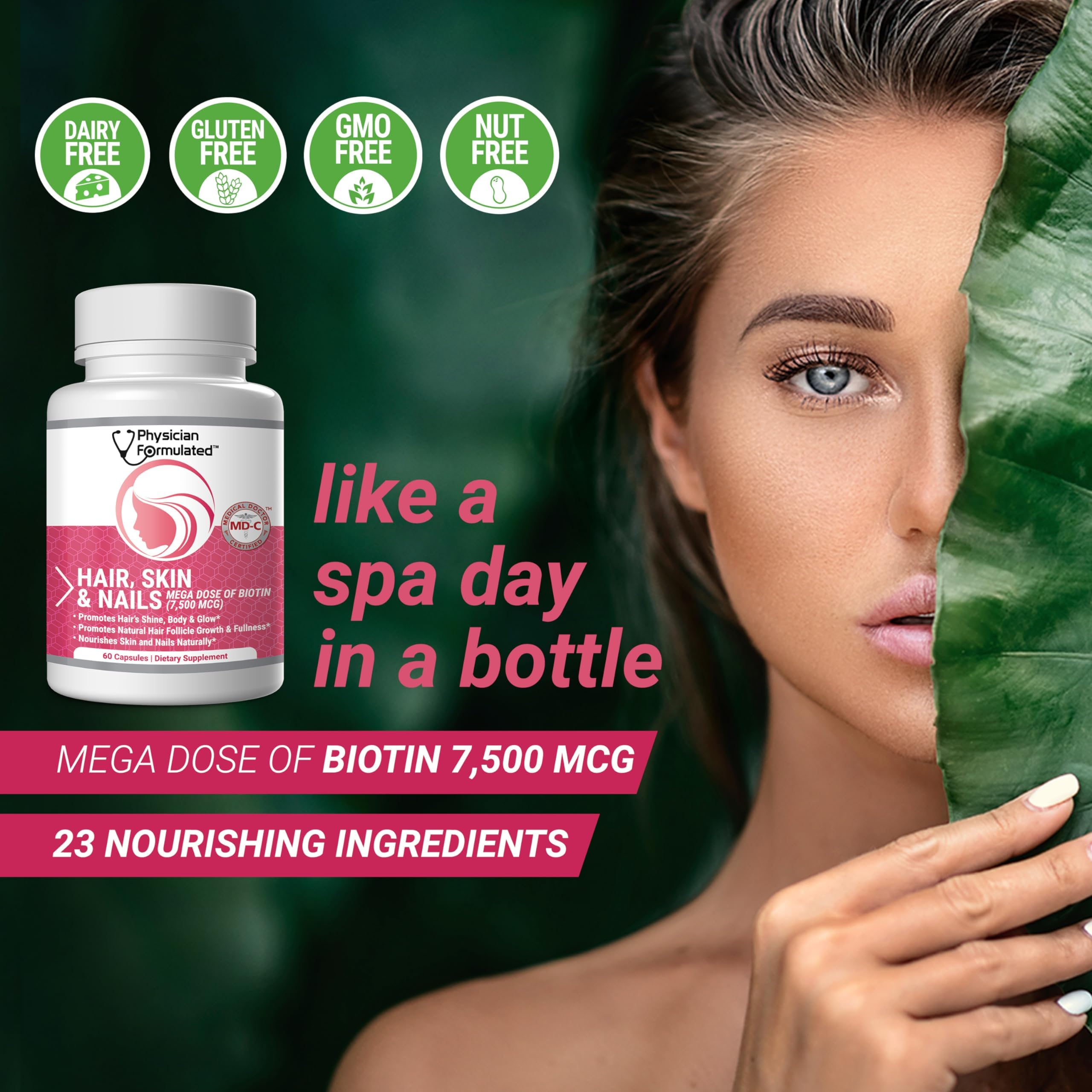 Physician Formulated Healthy Hair Skin and Nails Vitamins for Men and Women - 7500 mcg Biotin, Amino Acids, Collagen and Hyaluronic Acid - 60 Capsules Physician Formulated Au supplements