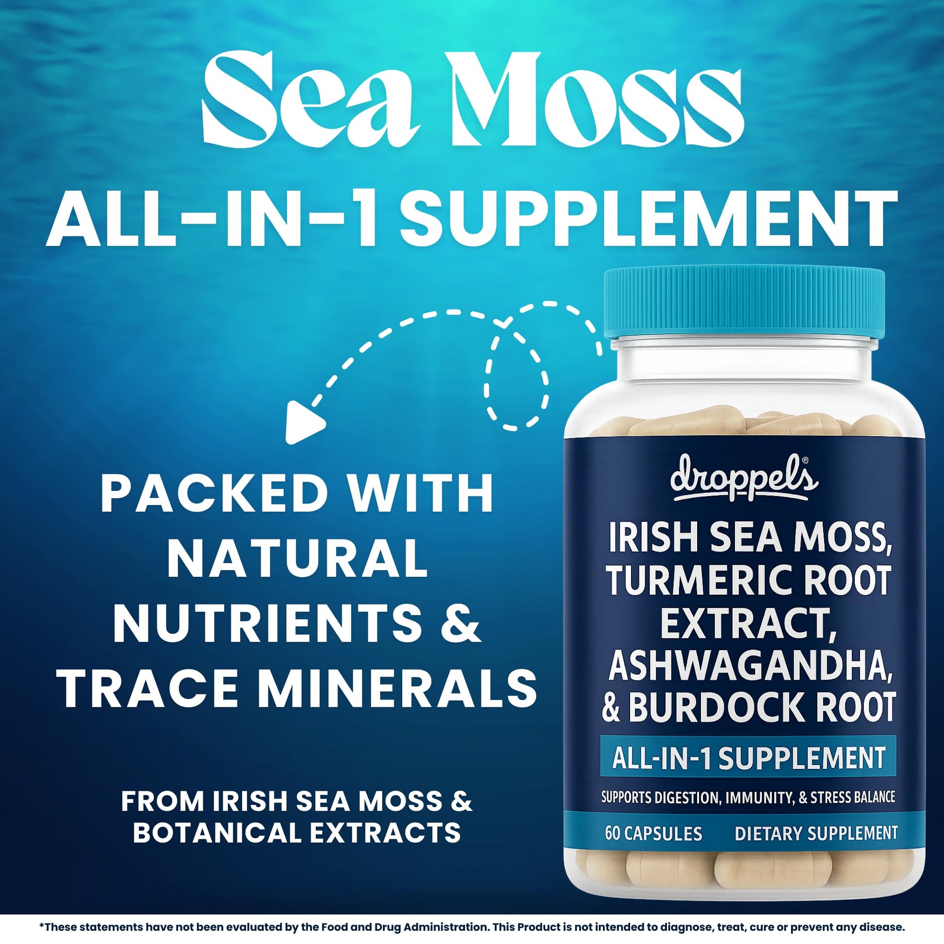Droppels Irish Sea Moss Capsules with Turmeric Root, Ashwagandha, Black Pepper & Burdock Root – Natural Mineral Blend for Immune, Digestion, Joint & Energy Support – Vegan, Non-GMO – 60 Capsules Droppels Au supplements