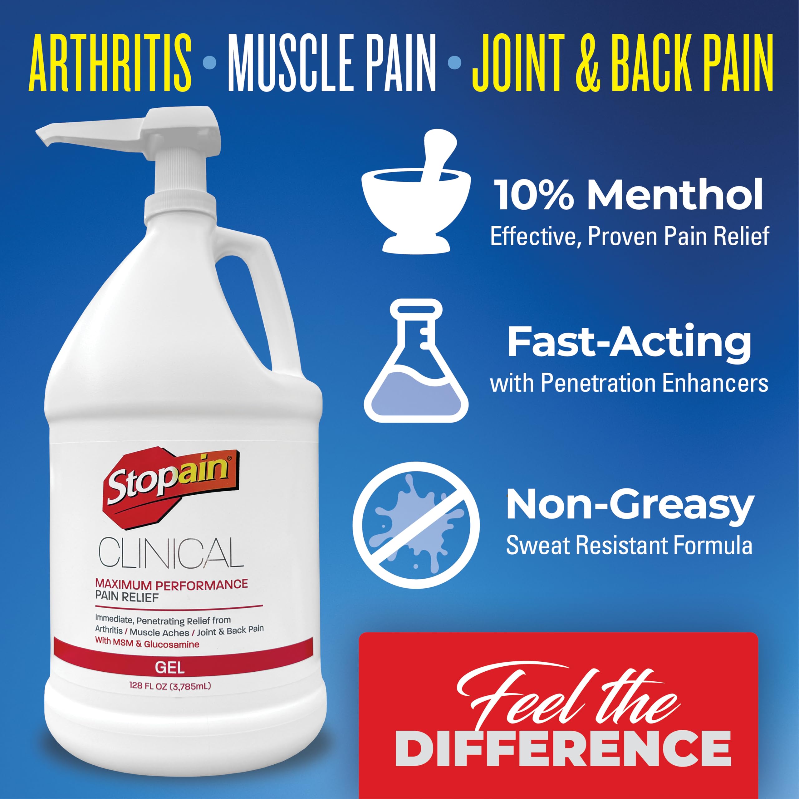 Stopain Clinical Pain Relief Gel 1 Gallon - Professional Formula for Arthritis, Knee, Back & Muscle Pain - Maximum Strength Gel for Joint & Nerve Pains with 10% Menthol Plus Glucosamine - Made in USA Stopain Au supplements
