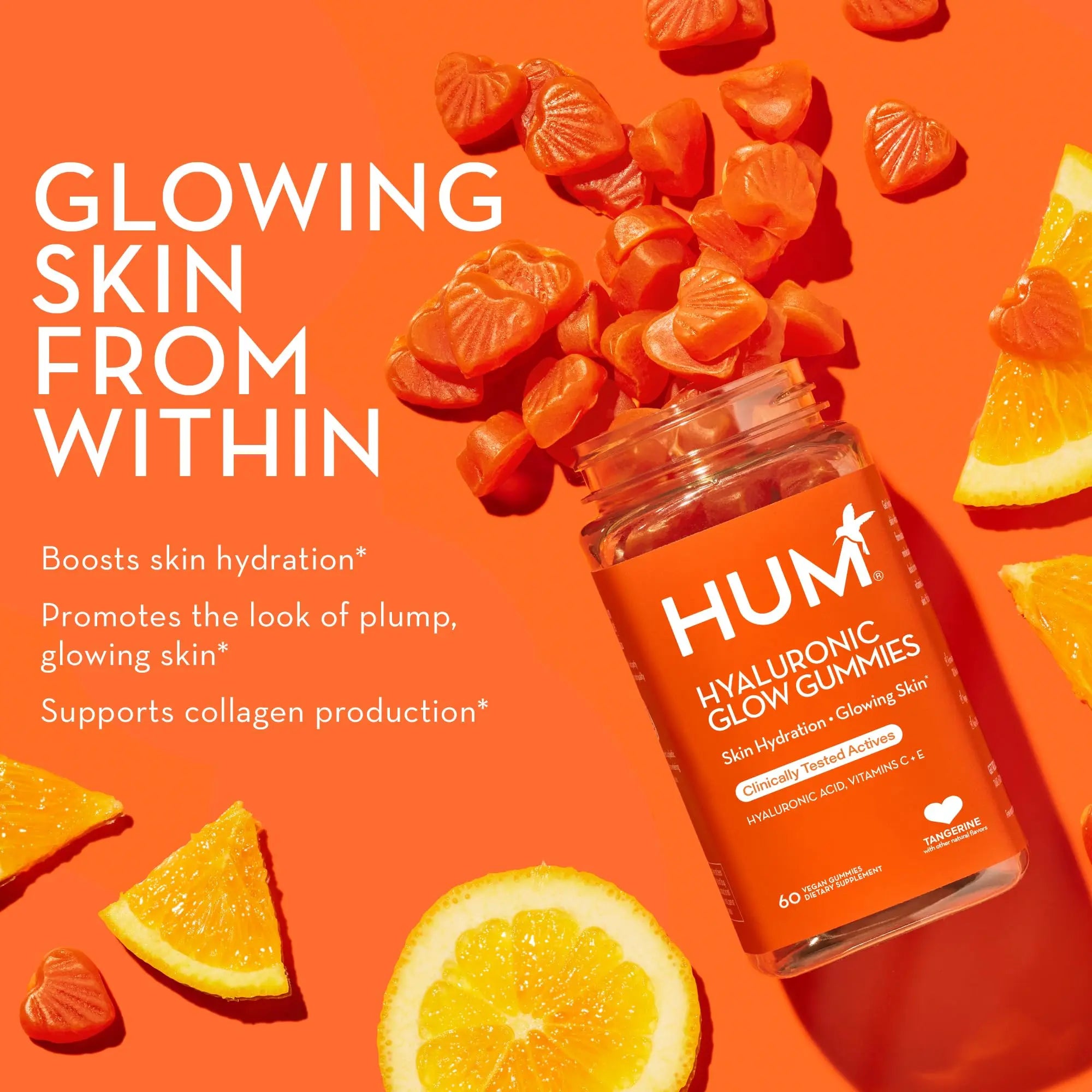 HUM Hyaluronic Glow Hydrating Skin Care Supplement, with Low Molecular Hyaluronic Acid, Vitamin C from Amla Fruit, and Vitamin E, Antioxidant Support for Skin Hydration, Tangerine, 60 Vegan Gummies HUM Au supplements