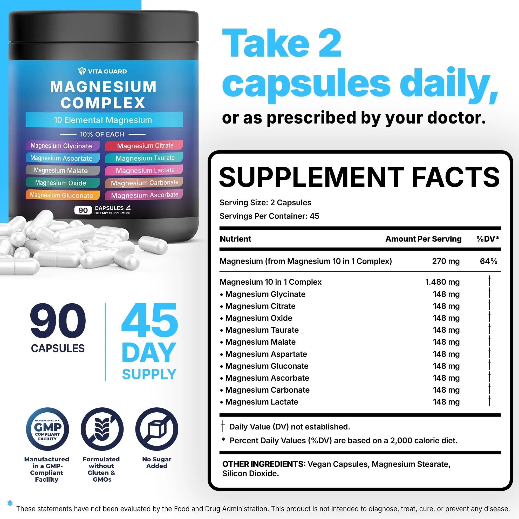 Vita Guard Magnesium Complex 1480mg – 10-in-1 with Glycinate, Citrate, Malate & More – High Absorption – Sleep, Muscle, Nerve & Heart Support – 90 Vegan Capsules – Non-GMO, Gluten-Free, No Sugar Vita Guard Au supplements