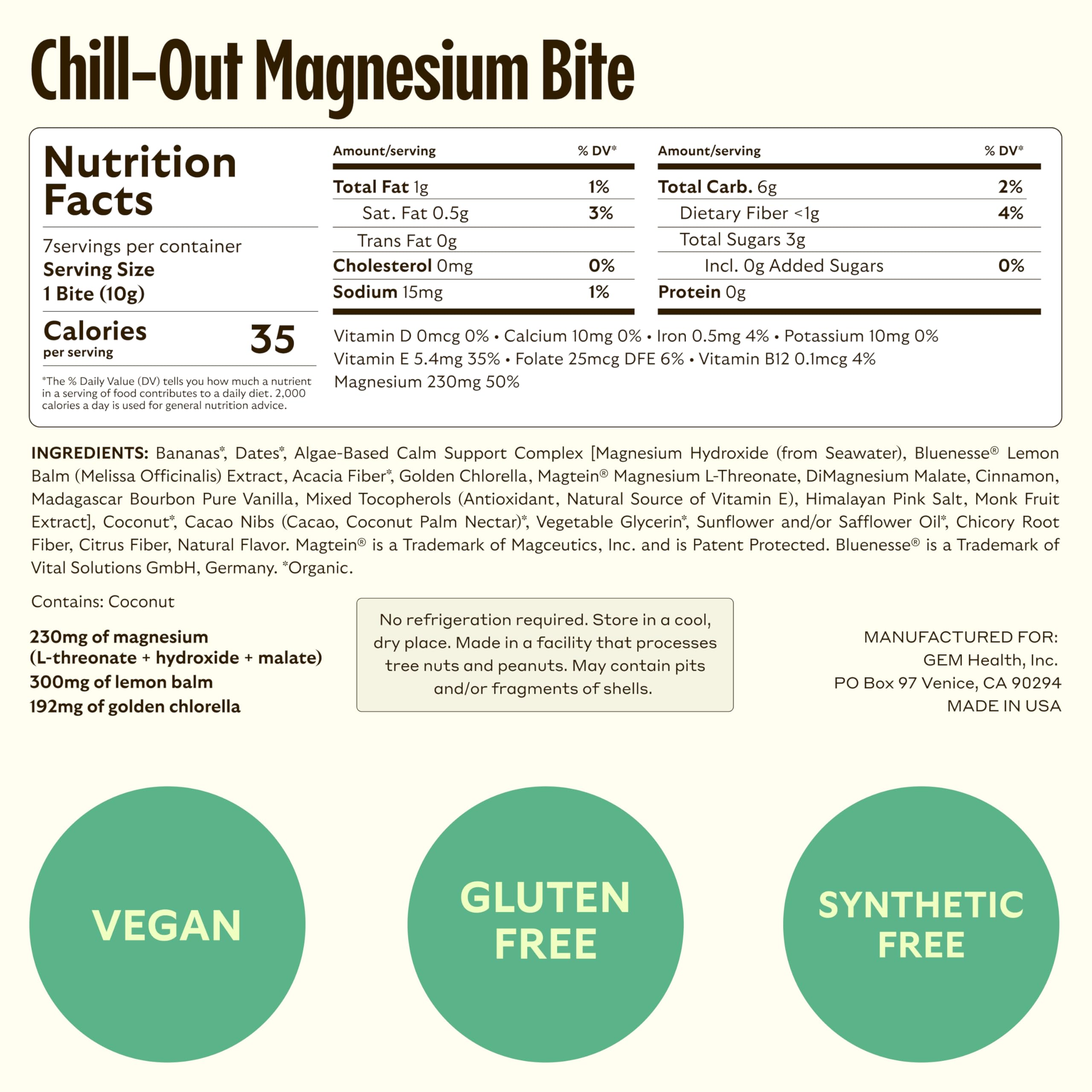 GEM Calm Bite | Supports Calm Mind & Clarity | Magnesium L-Threonate, Golden Chlorella, Lemon Balm | Holistic Non-Habit Forming | Gluten Free, Soy Free, Banana Cinnamon (7 Count) GEM Au supplements