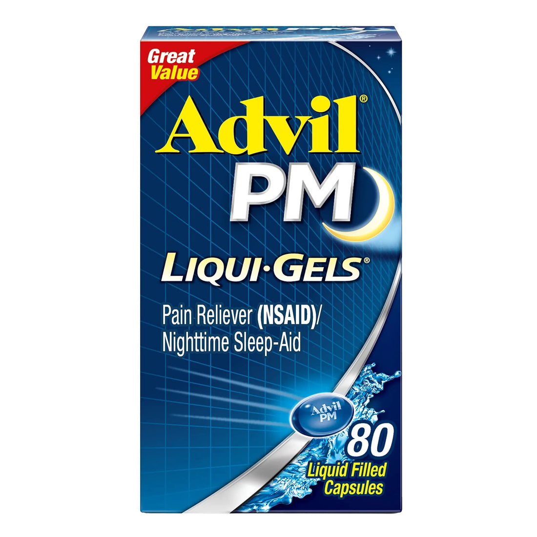 Advil PM Liqui-Gels Pain Reliever and Nighttime Sleep Aid, Pain Medicine with Ibuprofen for Pain Relief and Diphenhydramine HCL for a Sleep Aid - 80 Liquid Filled Capsules - Back to College Advil Au supplements