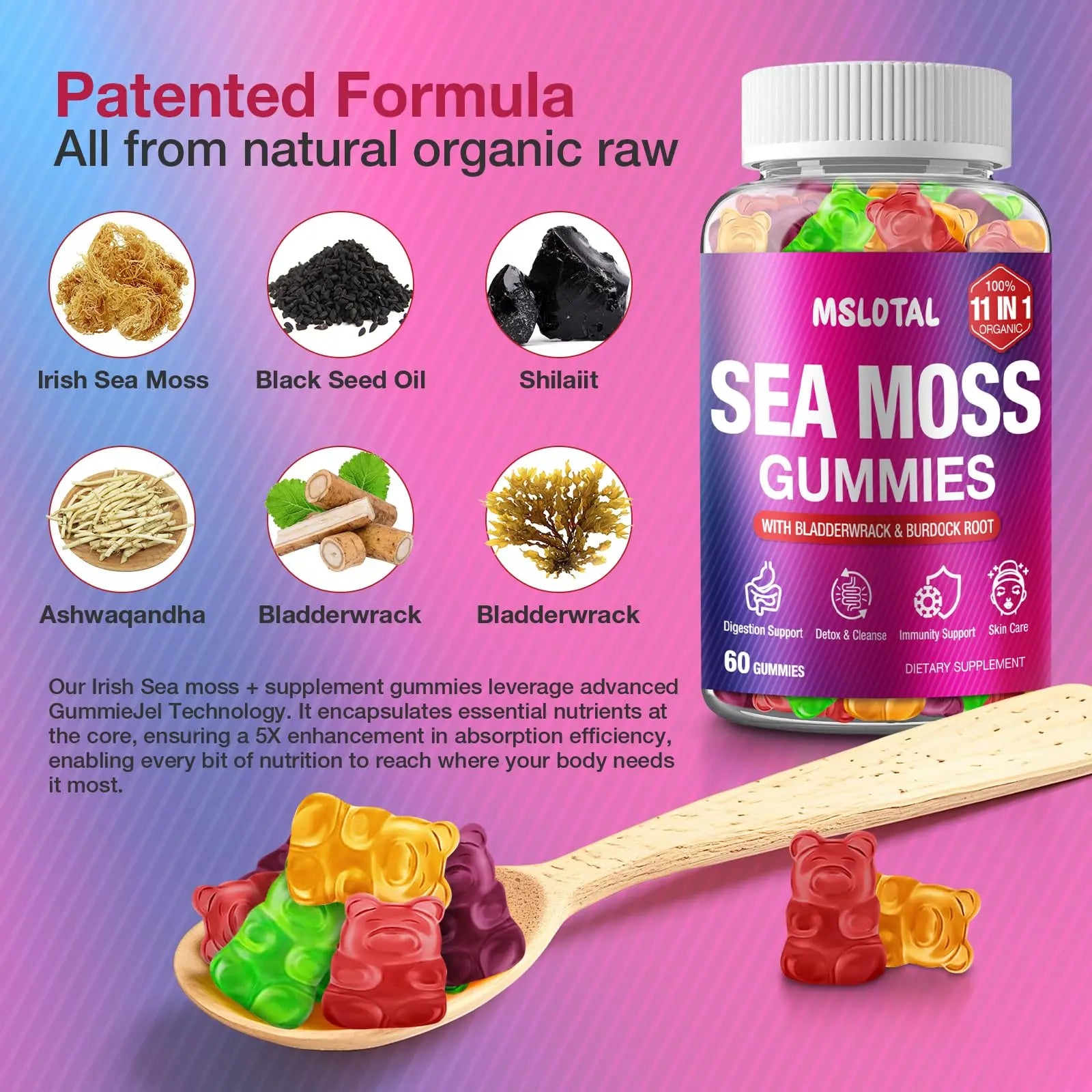 MSLOTAL Irish Sea Moss Gummies with Ashwagandha Bladderwrack and Burdock Root - Natural Irish Seamoss Supplement for Thyroid, Energy, Immune Support - 60 Vegan Gummy MSLOTAL Au supplements
