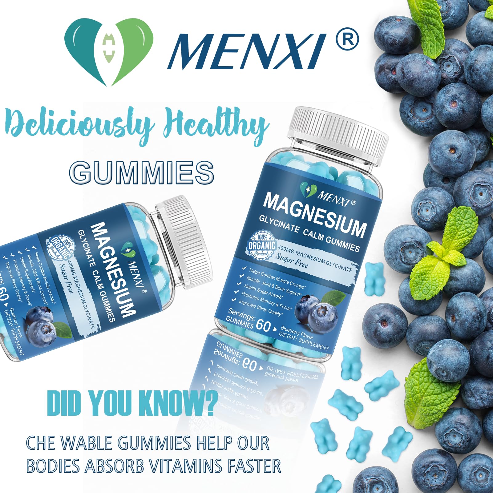 Magnesium Gummies 600mg per Serving-Magnesium Glycinate 400mg and Magnesium Malate 200mg,Sugar Free Magnesium Potassium Supplement for Calm Mood, Muscle, Bone & Sleep Support,60 Blueberry Gummies MENXI Au supplements