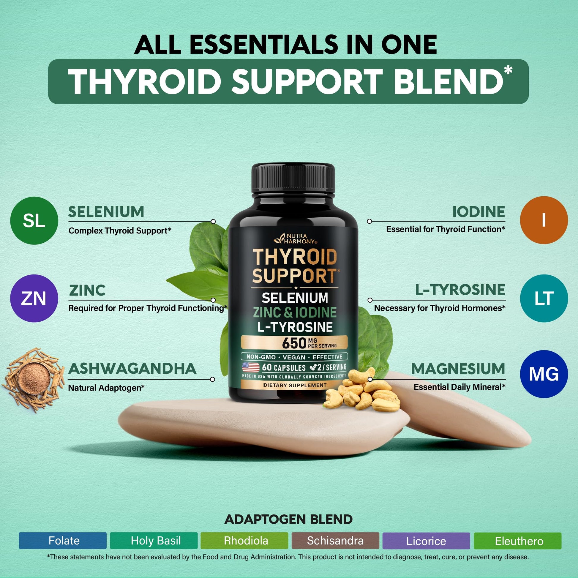Thyroid Support for Women - Selenium 200 mcg | Astragalus | Zinc & Iodine | L-Tyrosine | Adaptogen Herbs - 21-in-1 Antioxidant & Immune Support - Made in USA - Vegan, Non-GMO, Lab Tested - 60 Capsules NUTRAHARMONY Au supplements