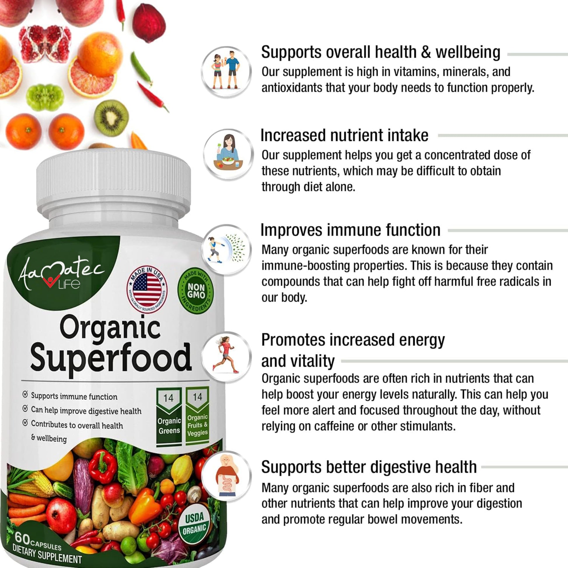 AAMATEC LIFE Organic Superfood Greens Fruits and Veggies Complex - Dietary Supplement with 14 Greens &14 Vegetables with Alfalfa Rich in Antioxidants Organic Ingredients Non-GMO (120 Count Pack of 2) AAMATEC LIFE Au supplements