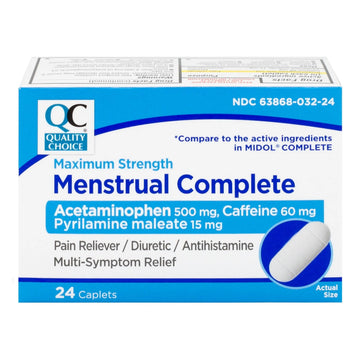 Quality Choice Menstrual Complete Max Strength Period Pain Relief, 500 mg of Acetaminophen, 60mg of Caffeine, 15mg of Pyrilamine Maleate, Cramps, Bloating, Headache. 24 Count. Quality Choice Au supplements
