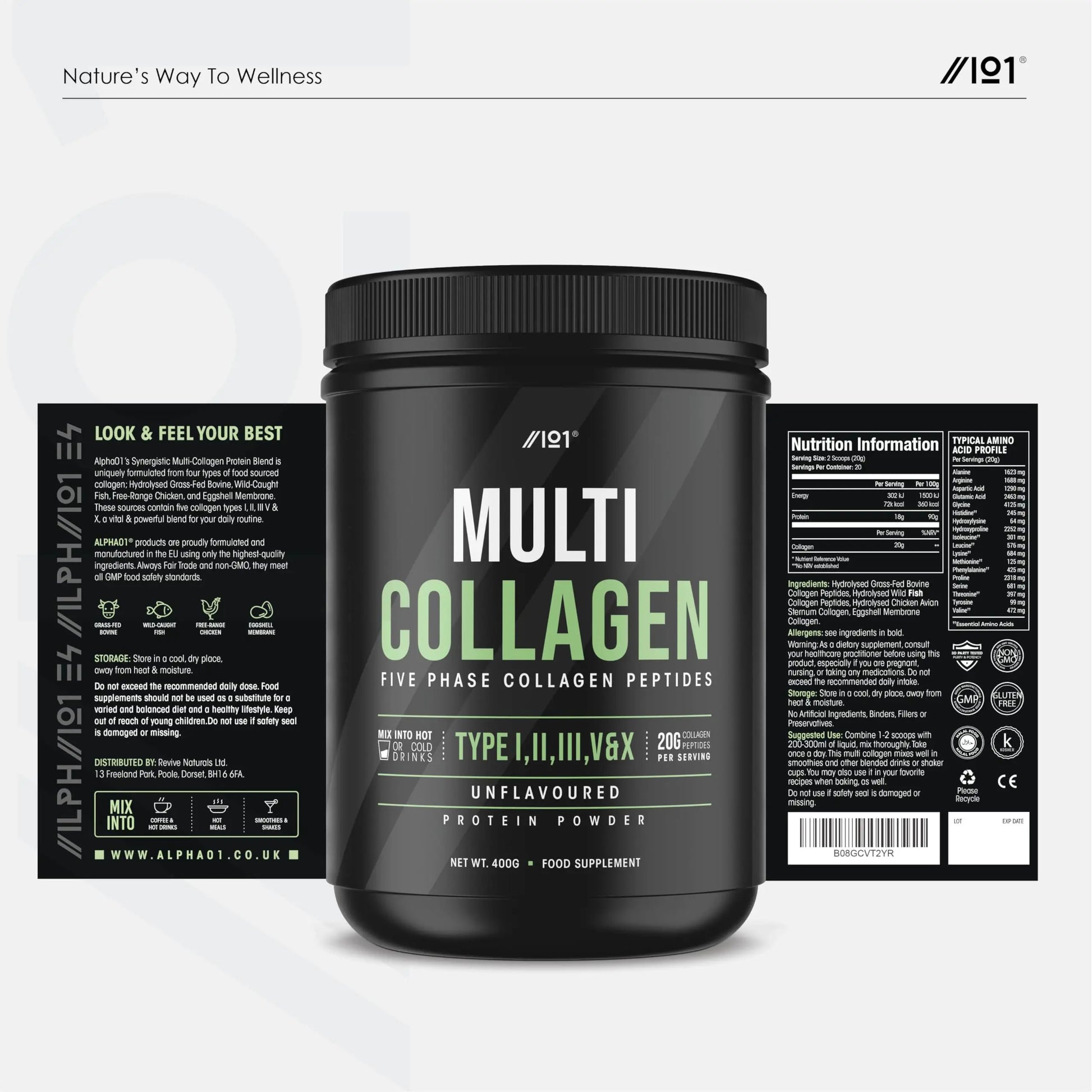 Multi Collagen Protein Powder (400g) - Types I, II, III, V & X - Hydrolyzed Grass Fed Bovine, Wild Caught Fish ALPHA01 Au supplements