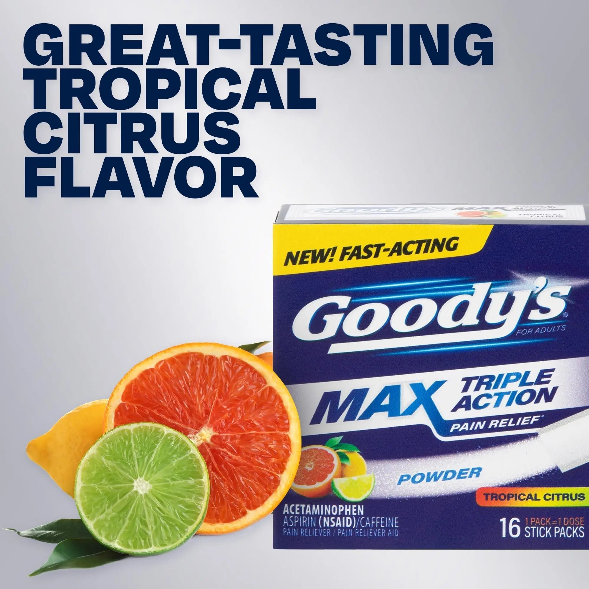 Goody’s Max Triple Action Pain Relief – Headache Relief Powder with Acetaminophen, Aspirin & Caffeine for Fast, Effective Relief of Tough Headaches, Tropical Citrus, 16 Count Goody's Au supplements
