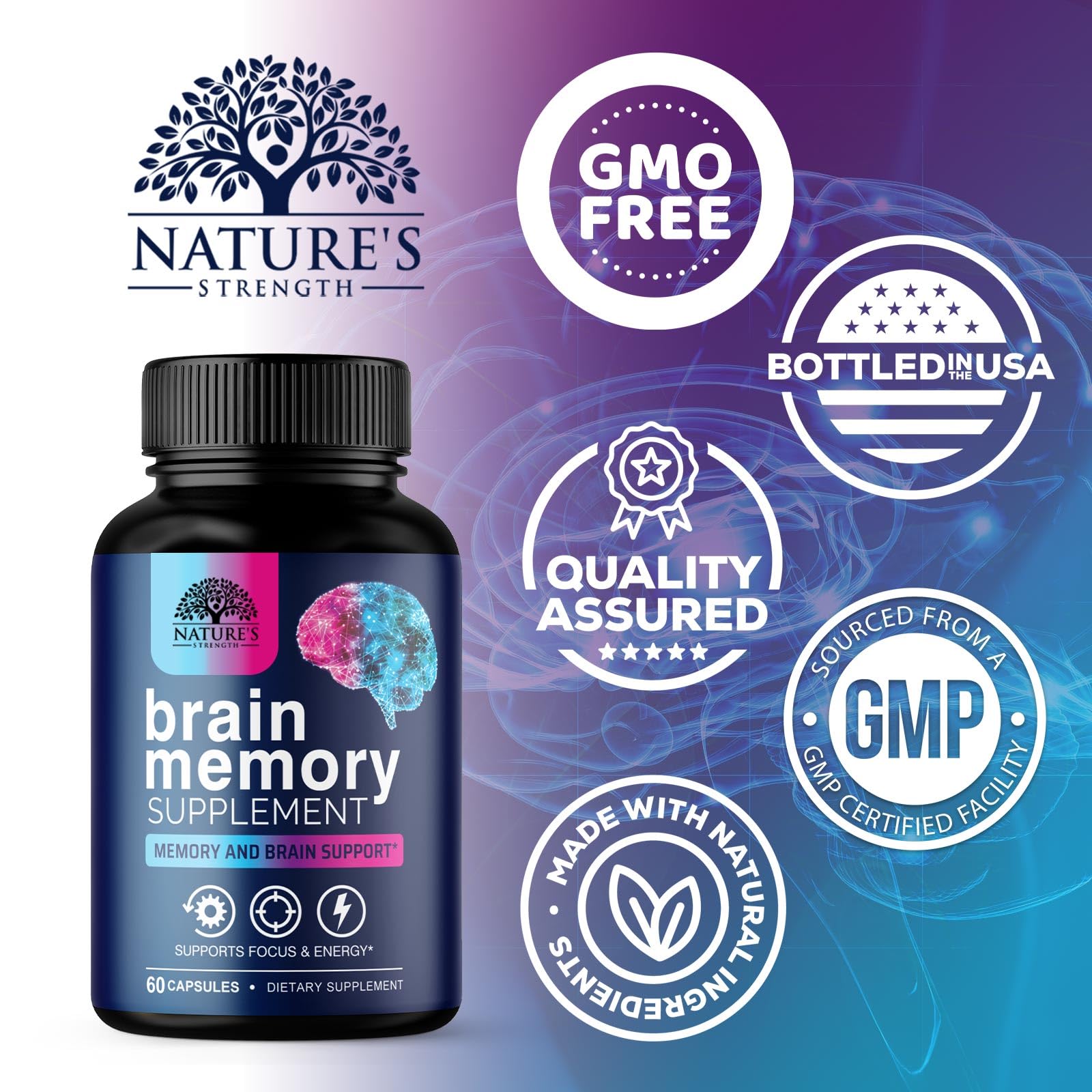 Brain Memory Supplement Pills - 3X Strength Nootropics for Concentration, Clarity & Focus Support - Brain Health Cognitive Vitamins with Bacopa, Phosphatidylserine & DMAE, Brain Booster - 60 Capsules Nature's Strength Au supplements