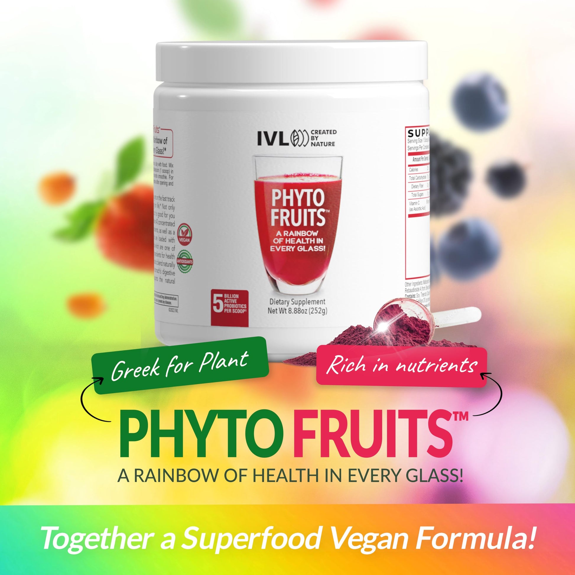 IVL - Phyto Fruits Superfood Powder - Support Energy - Digestive & Probiotic - Antioxidant - Vegan - 40 Fruits and Nutrients Plus 6 Probiotic Strains (30 Servings, 8.88 oz) IVL Au supplements