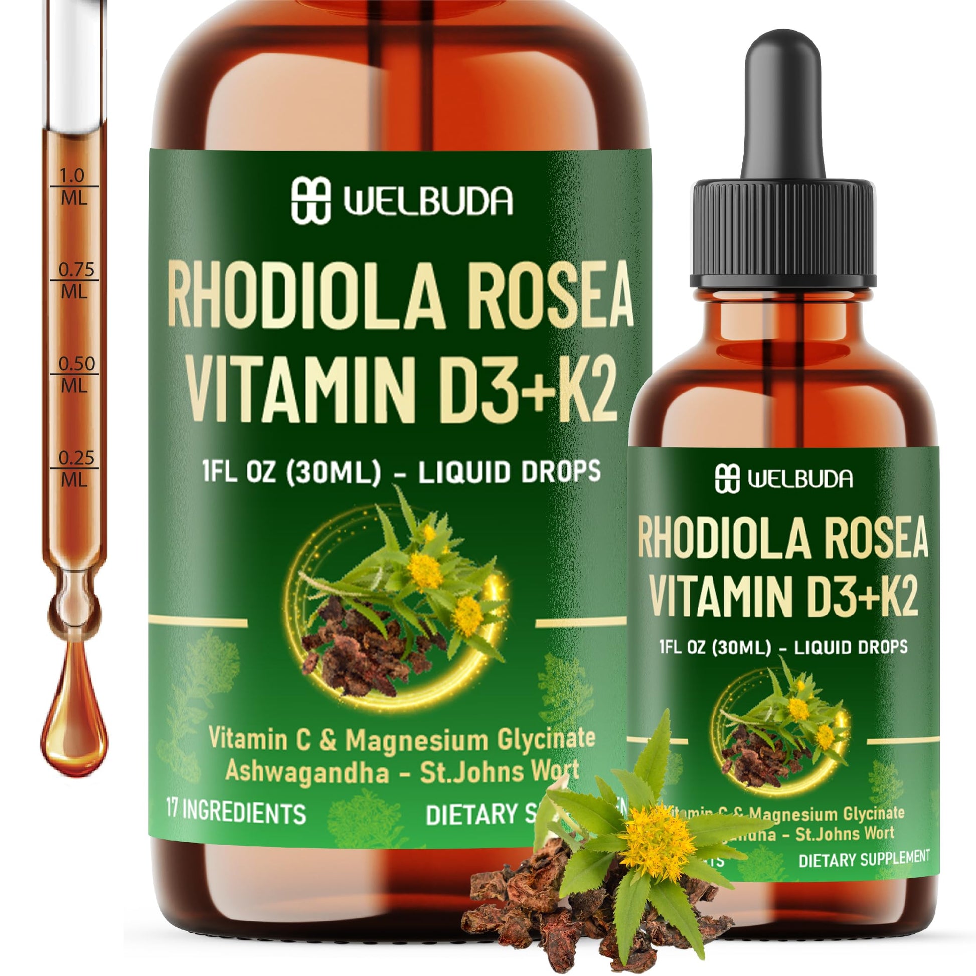 17in1 Rhodiola Rosea Liquid Supplement with Ashwagandha, Magnesium Glycine, L-Theanine, Vitamin C, Vitamin D3, Vitamin K2, Ginkgo, Turmeric, Holy Basil and More - 1 FL Oz - 60 Day Supply WELBUDA Au supplements