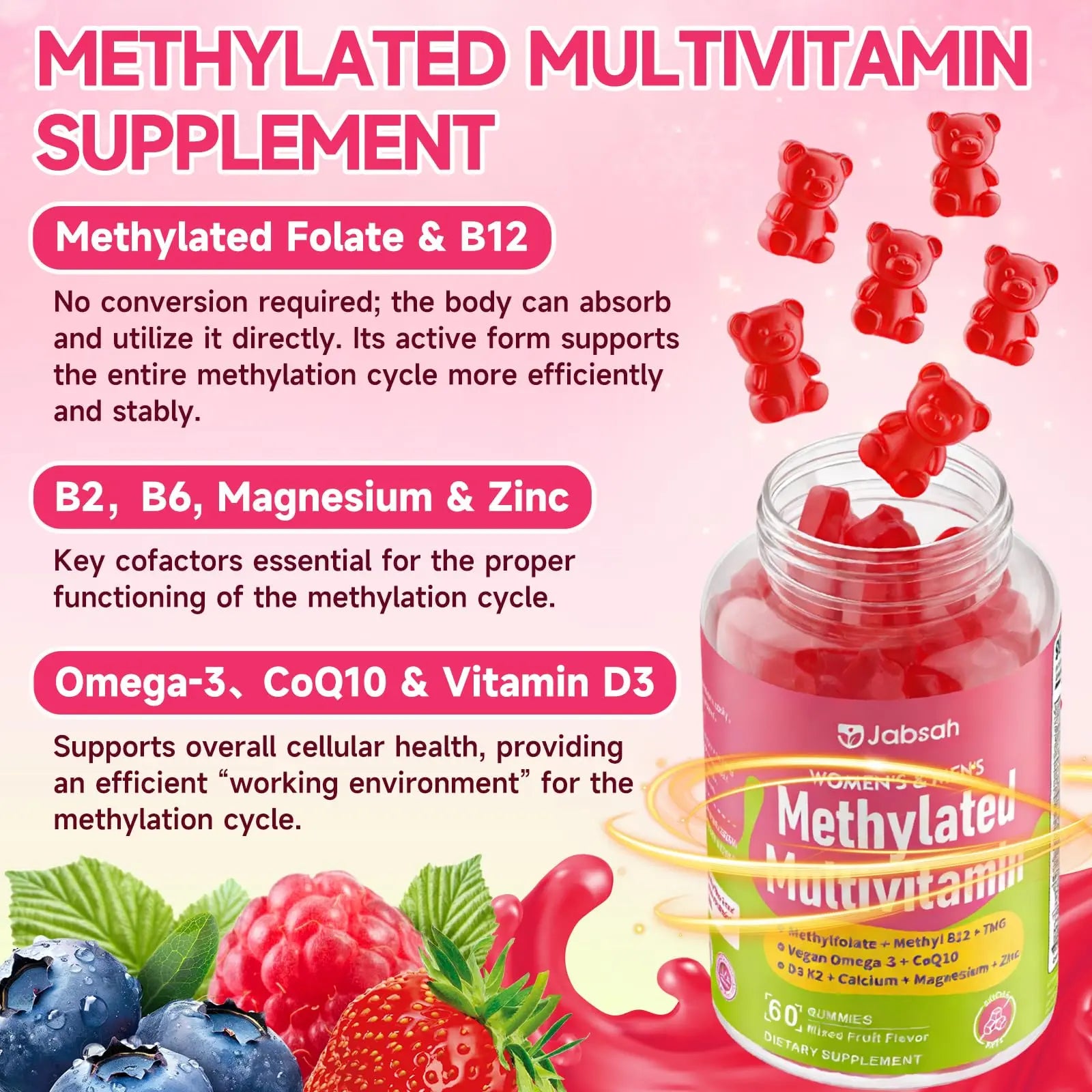 Methylated Vitamin B Complex Gummies for Women & Men, Multivitanins Gummy with Vitamin A, C ,E, Methylfolate & B12, TMG, Calcium, D3 K2 Jabsah Au supplements