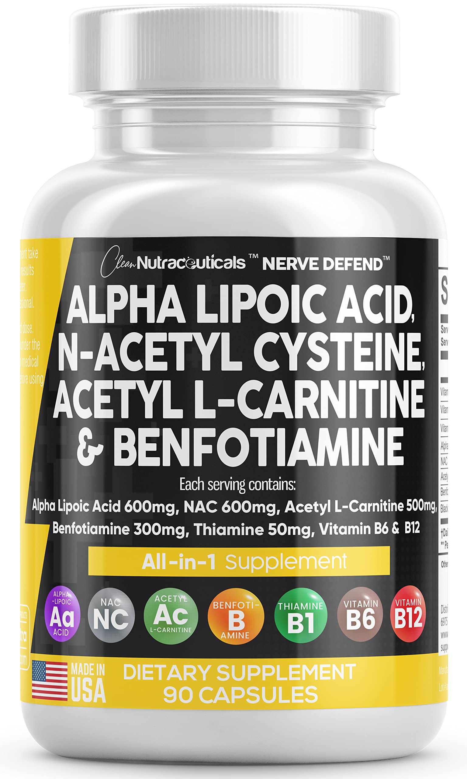 Alpha Lipoic Acid 600mg N-Acetyl Cysteine 600mg Acetyl L-Carnitine 500mg Benfotiamine 300mg - Nerve Support Supplement for Women and Men with Vitamin B1 B6 & B12 - Made in USA 90 Caps Clean Nutraceuticals Au supplements