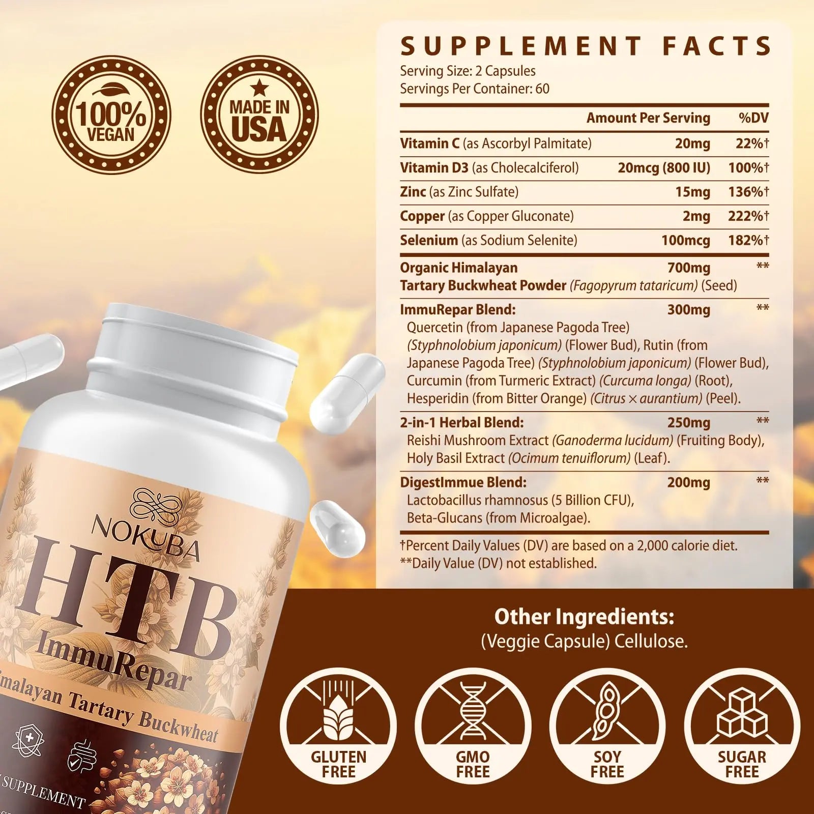 Nokuba Polyphenols Supplement for Immune Support | Himalayan Tartary Buckwheat Sourced | Polyphenol Superfood with Quercetin, Curcumin | Immune Booster, Antioxidant, Anti-inflammatory - 120 Capsules Nokuba Au supplements
