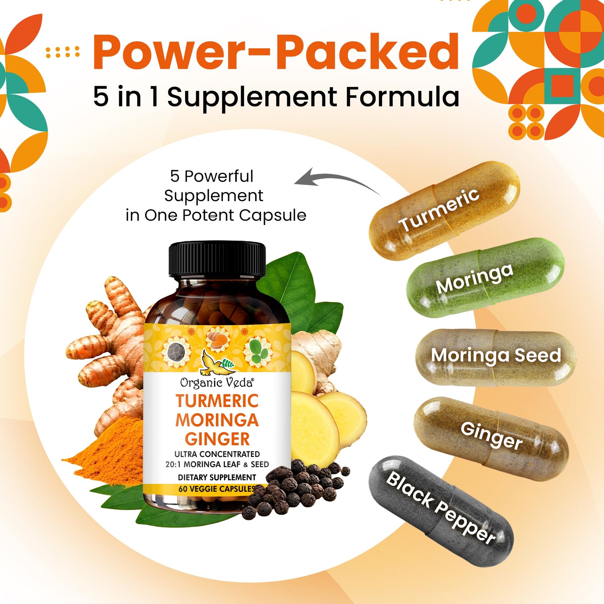 Organic Veda Turmeric Moringa Ginger Capsules - Super Antioxidants & Curcumin Supplement with 20:1 Moringa Leaf & Seed Extract, Black Pepper - Energy, Joints, Heart Health Support - 60 Vegan Pills Organic Veda Au supplements