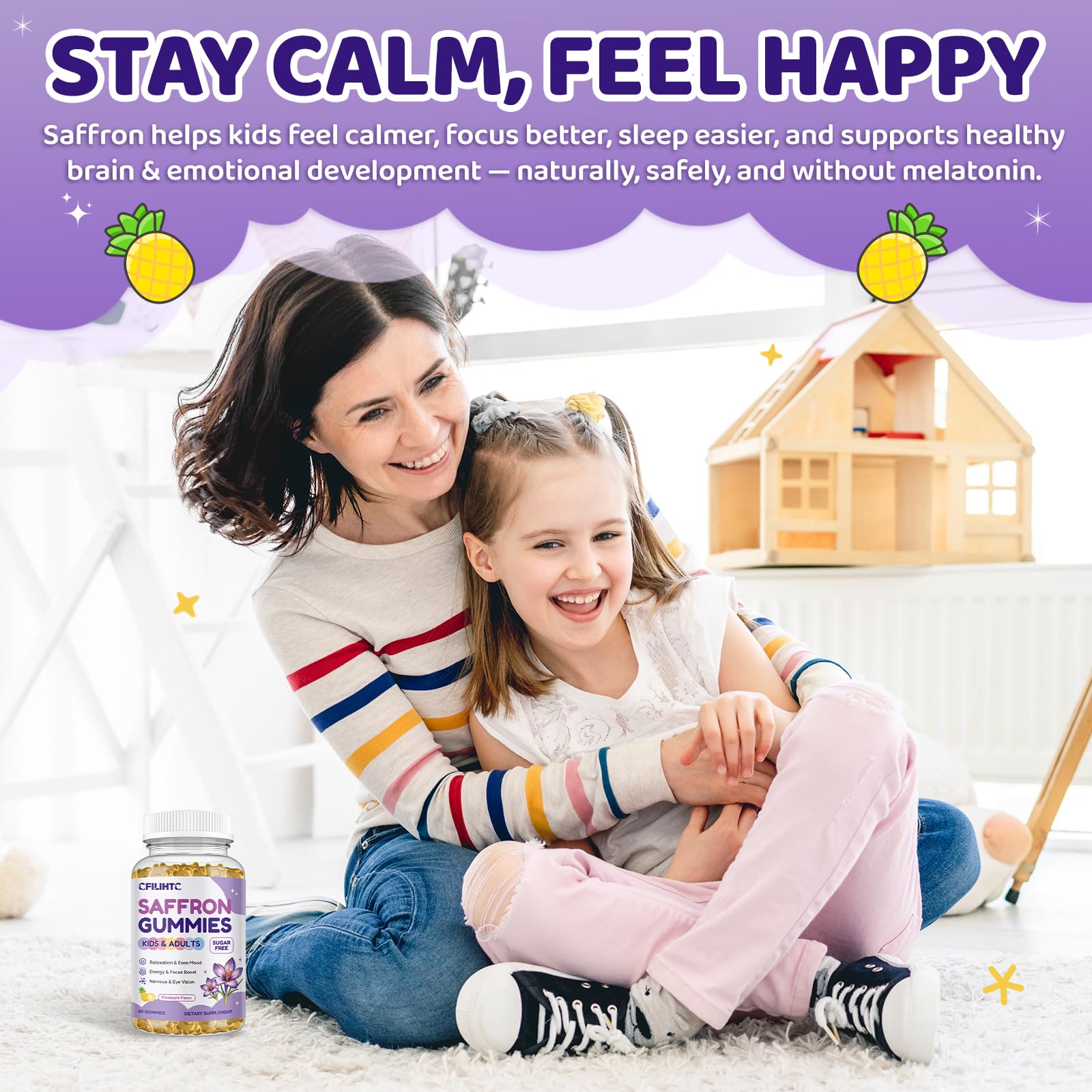Saffron Gummies for Kids & Adults, 20-in-1 Saffron Supplements with 88.5mg Saffron Extract, B6, B12, C, D3, Magnesium for Calm, Focus, Nerve, Sugar Free, Vegan, Non-GMO - Pineapple Flavor, 60 Counts CFILIHTC Au supplements
