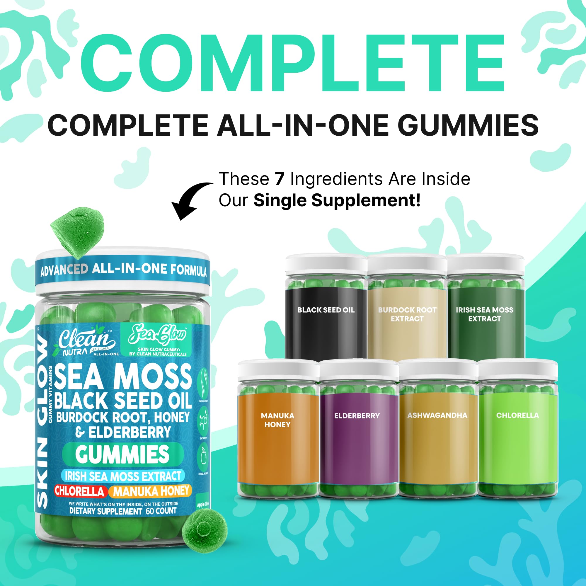 Clean Nutra Sea Moss Gummies Black Seed Oil Chlorella Ashwagandha Root Hair Growth Skin Glow Irish Sea Moss Elderberry Burdock Manuka Honey Trace Minerals Detox 60 Gummy Vitamins Sea Glow Supplement Clean Nutraceuticals Au supplements