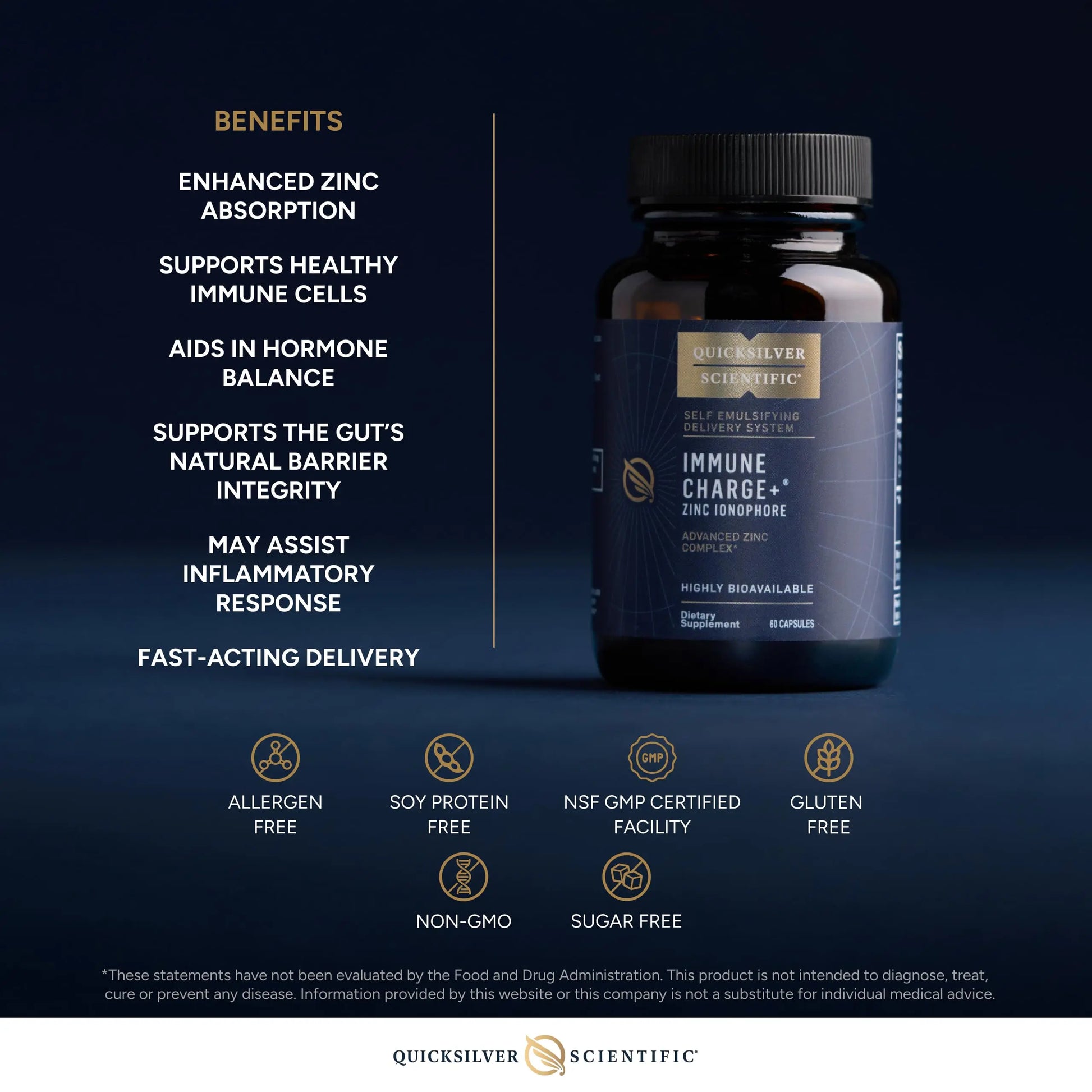 Quicksilver Scientific Immune Charge+ Zinc Ionophore - Zinc Supplement Complexed with Quercetin, Luteolin, Hesperetin Immune + GI Support (60 Capsules) Quicksilver Scientific Au supplements