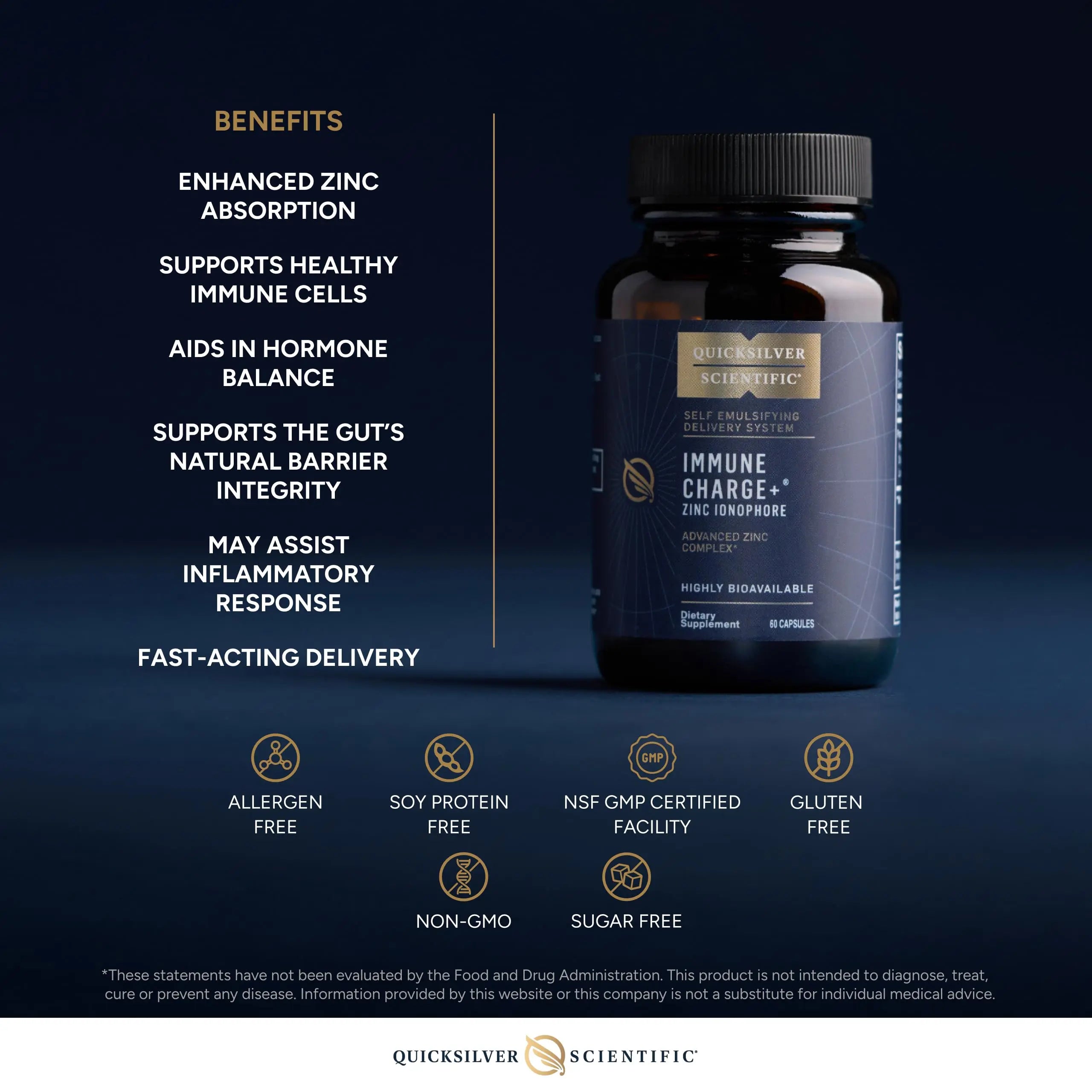Quicksilver Scientific Immune Charge+ Zinc Ionophore - Zinc Supplement Complexed with Quercetin, Luteolin, Hesperetin Immune + GI Support (60 Capsules) Quicksilver Scientific Au supplements