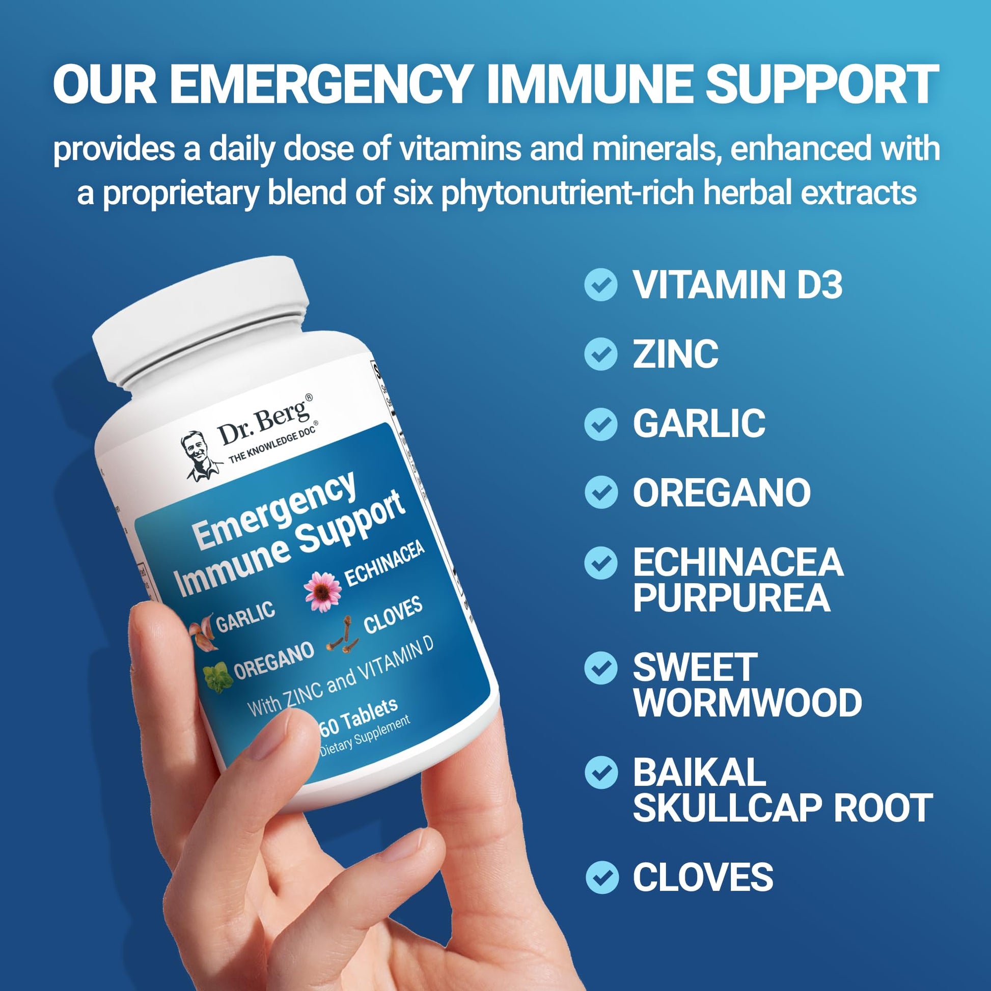 Dr. Berg Emergency Immune Support w/Echinacea - Potent Blend of Herbal Extracts (Warning: Strong Herbal Smells) - Immune Support Supplement Includes 2,000 IUs of Vitamin D & 10mg of Zinc - 60 Tablets Dr. Berg Nutritionals Au supplements