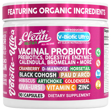 Clean Nutra Vaginal Probiotics for Women + Prebiotics Digestive Enzymes Bromelain Cranberry D Mannose Horsetail Black Cohosh Artichoke Hibiscus Flowers Probiotic for Digestive Health 90 Vegan Capsules Clean Nutraceuticals Au supplements