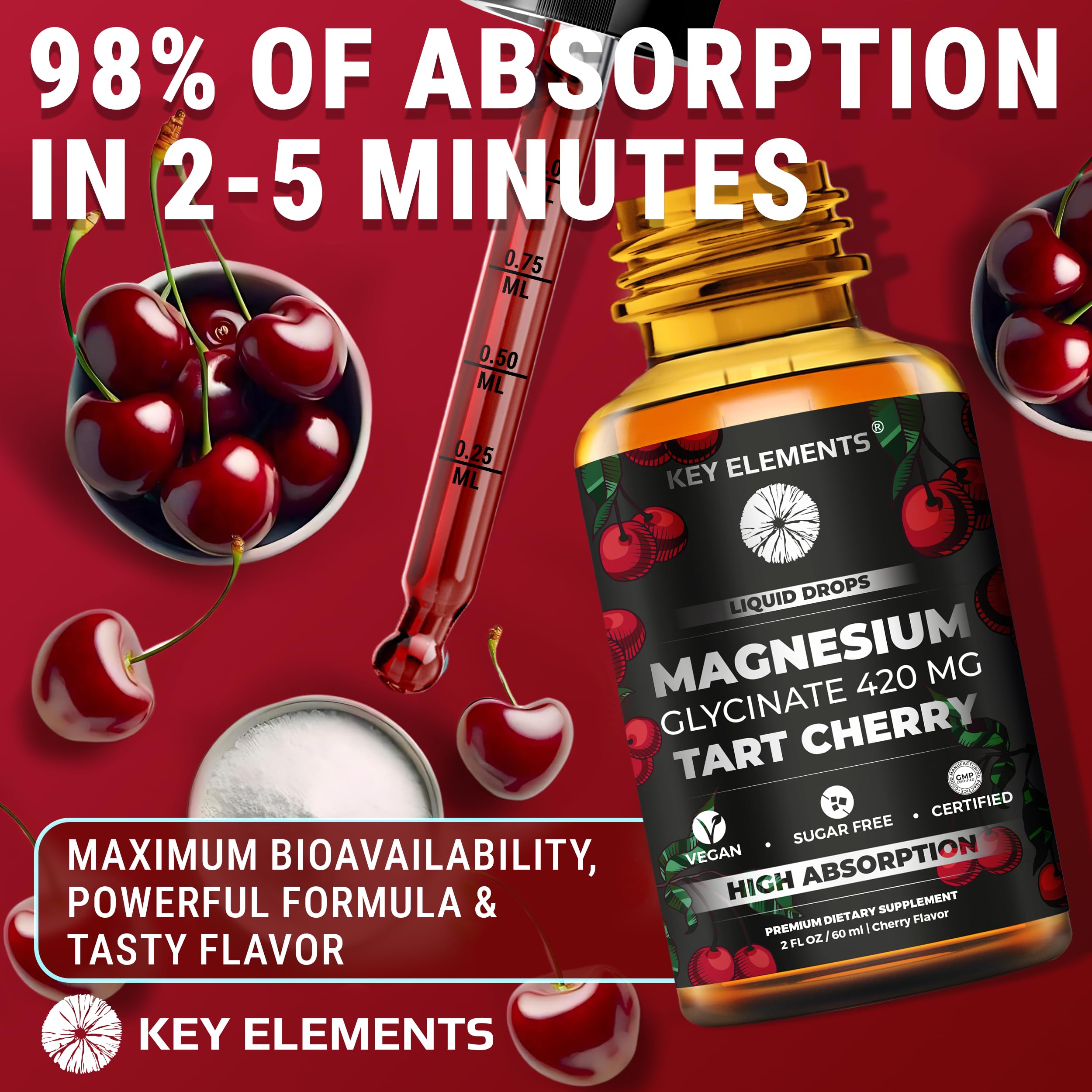 Liquid Magnesium Glycinate 420 Mg with Natural Tart Cherry Extract | Magnesium Glycinate Drops Supplement for Sleep, Mood & Mobility Support | Tart Cherry Extract KEY ELEMENTS Au supplements