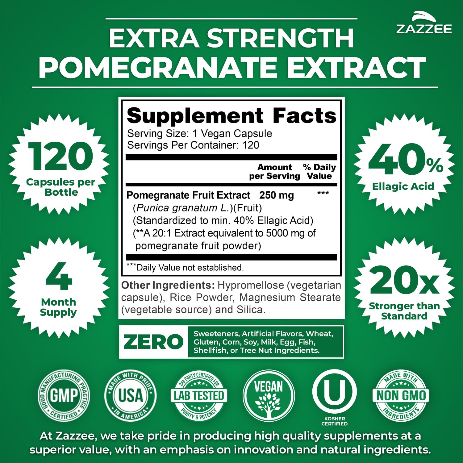 Zazzee Extra Strength Pomegranate 20:1 Extract, 40% Ellagic Acid, 120 Vegan Capsules, 4 Month Supply, Punica Granatum, Antioxidant & Cellular Health Support, Non-GMO, Made in the USA Zazzee Au supplements